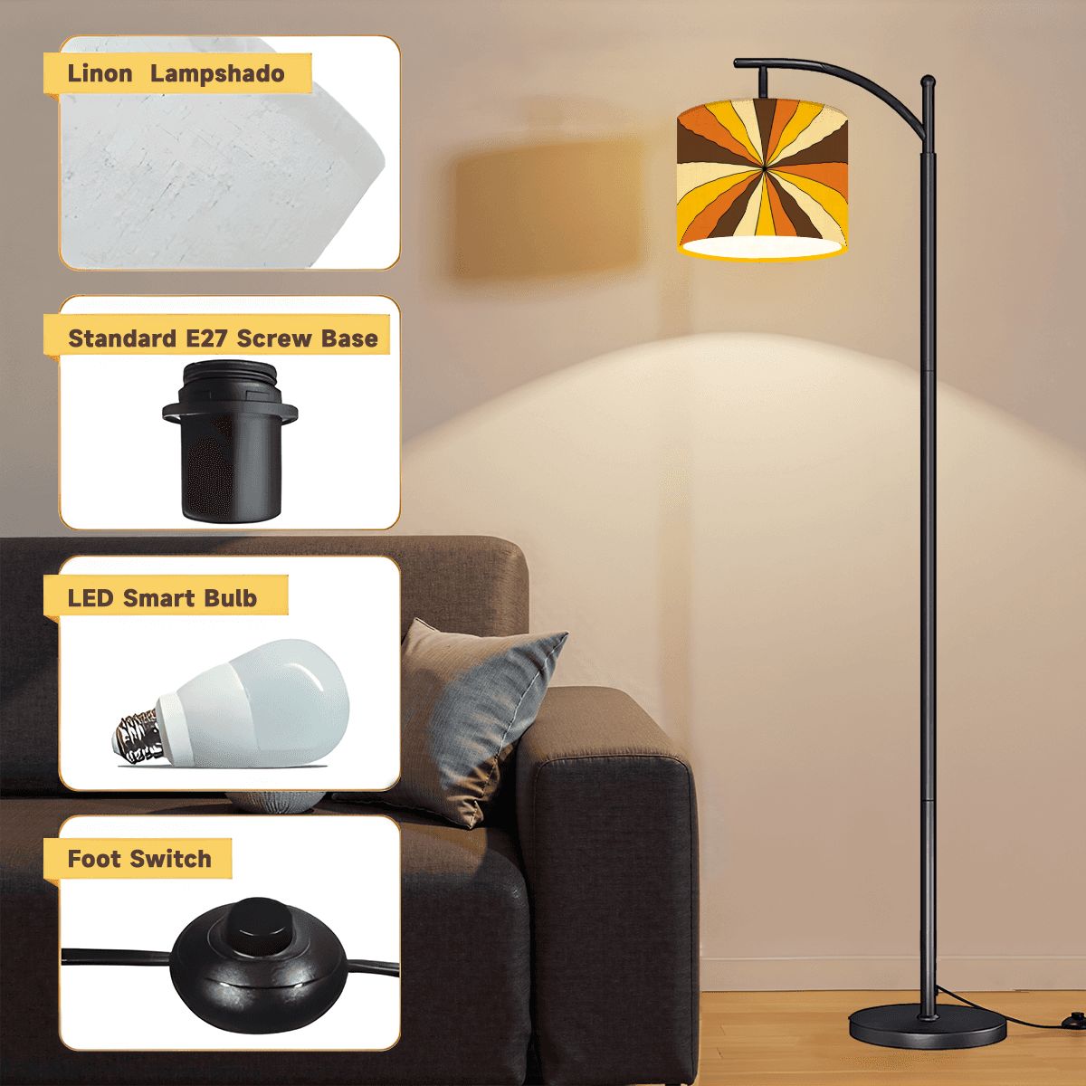 70s Retro Groovy Brown, Orange Yellow, Mid Century Modern Arc Floor Lamp - Mid Century Modern Gal