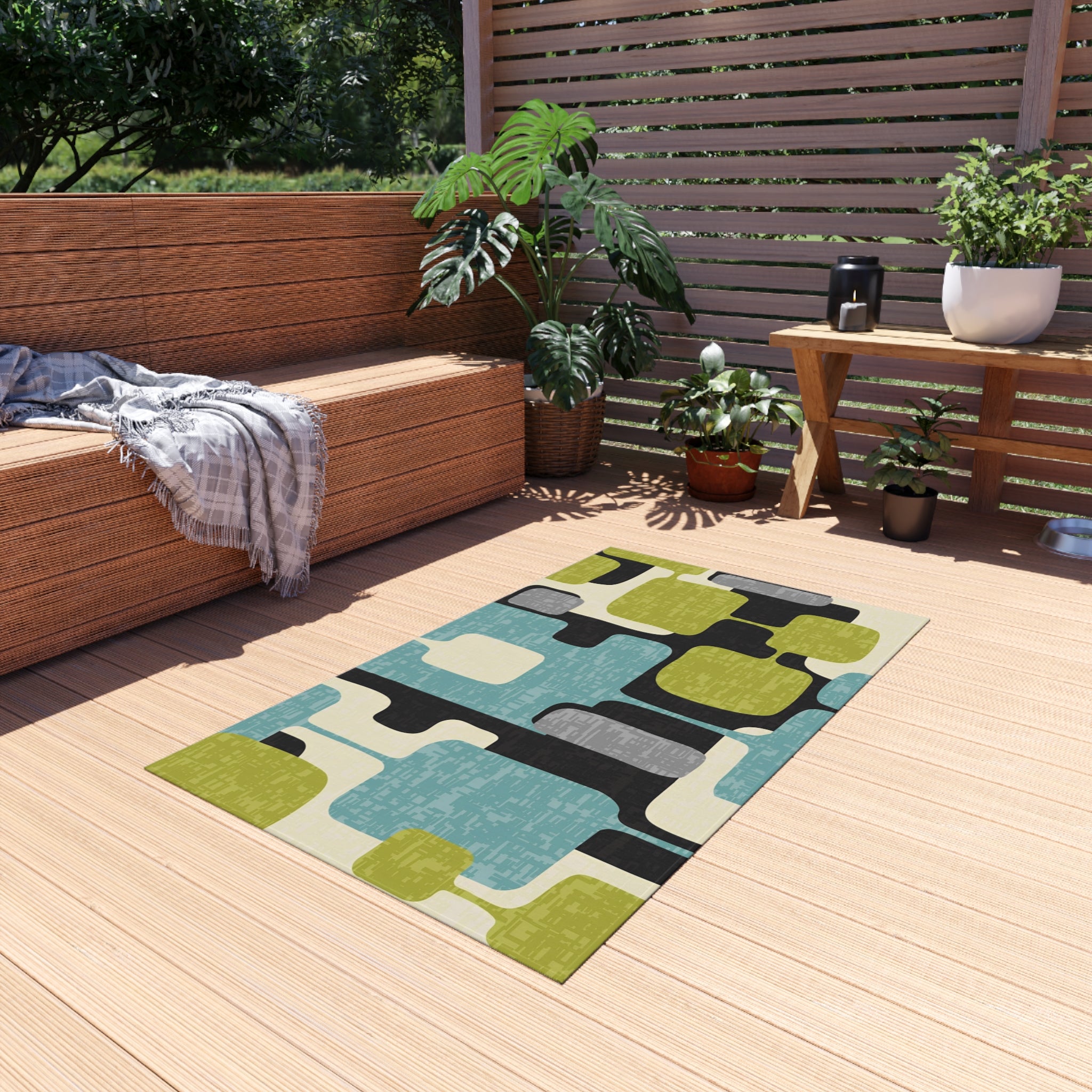 Mid Century Modern Geometric Indoor, Outdoor Area Rug, Lime Green, Aqua Blue, Black - Mid Century Modern Gal