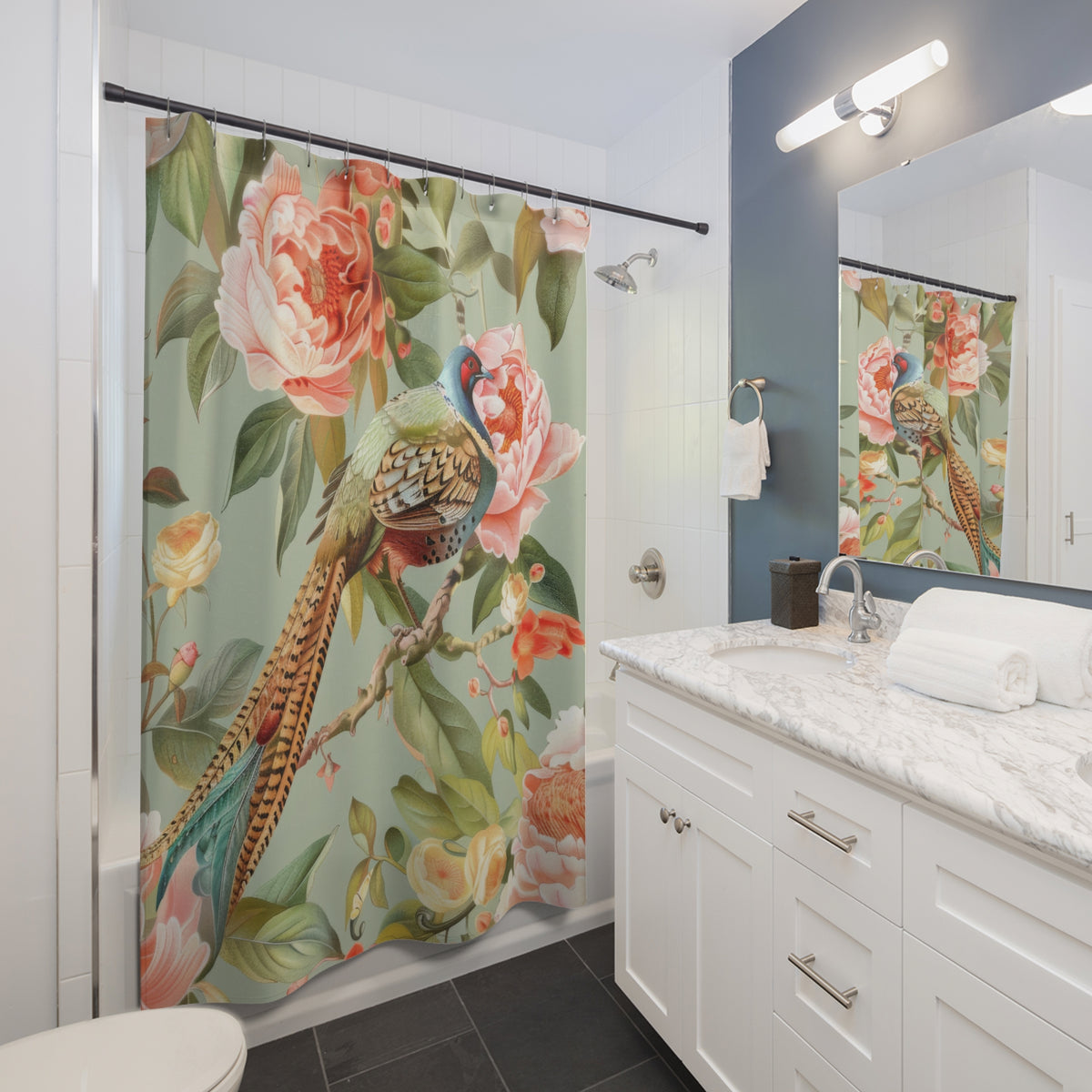 Chinoiserie Designed Shower Curtain Pheasant Floral Garden Botanicals  Shower Curtain - Mid Century Modern Gal