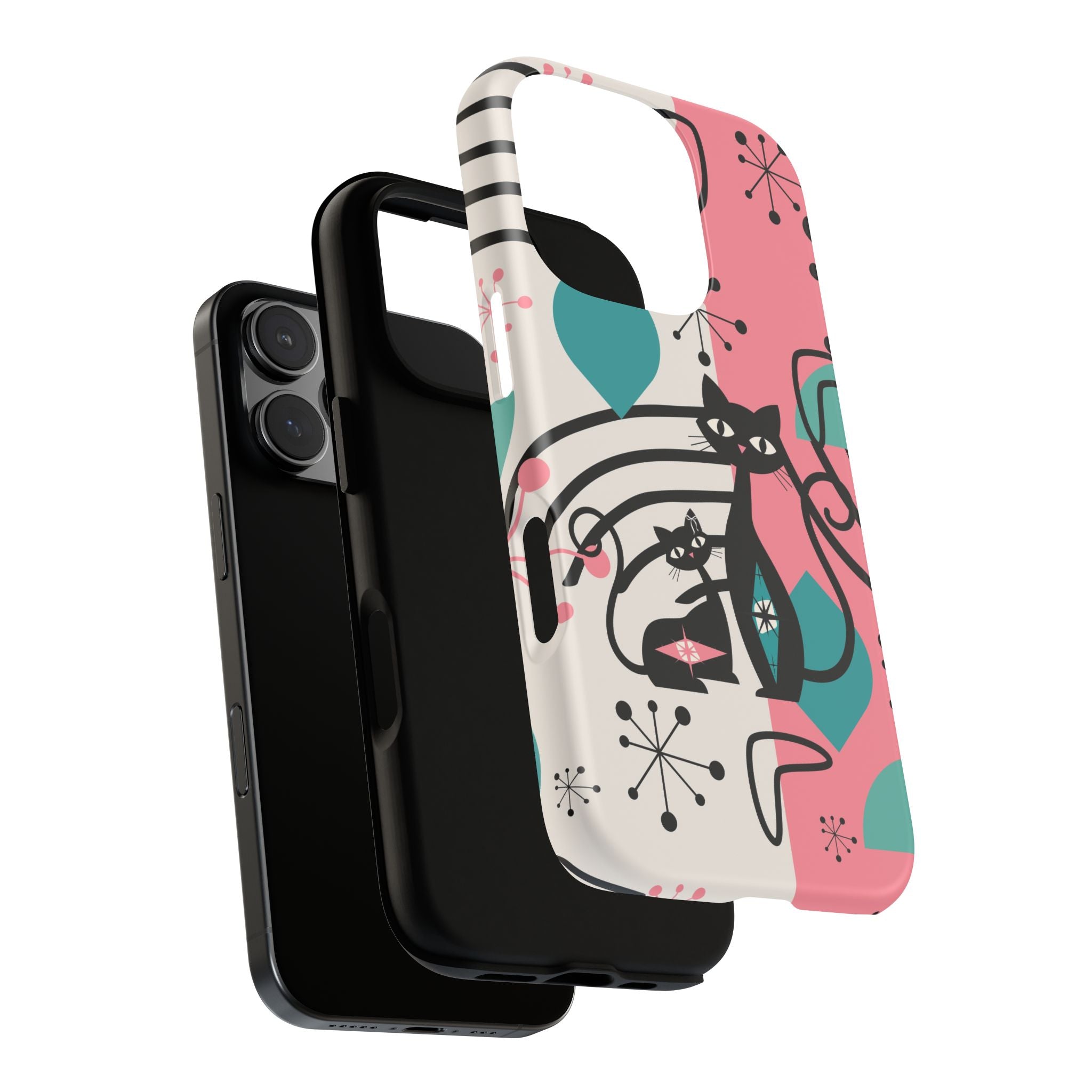 Mid Mod Atomic Cat Boomerang Starburst, Pink, Black Kitschy Stylish Cat Phone Case: Modern Design for Cat Lovers