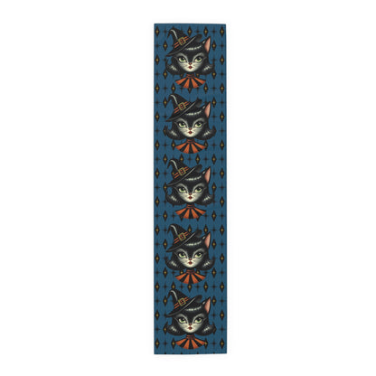Vintage Halloween Black Cat Sexy Sexton Mid Century Modern Blue Table Runner - Mid Century Modern Gal