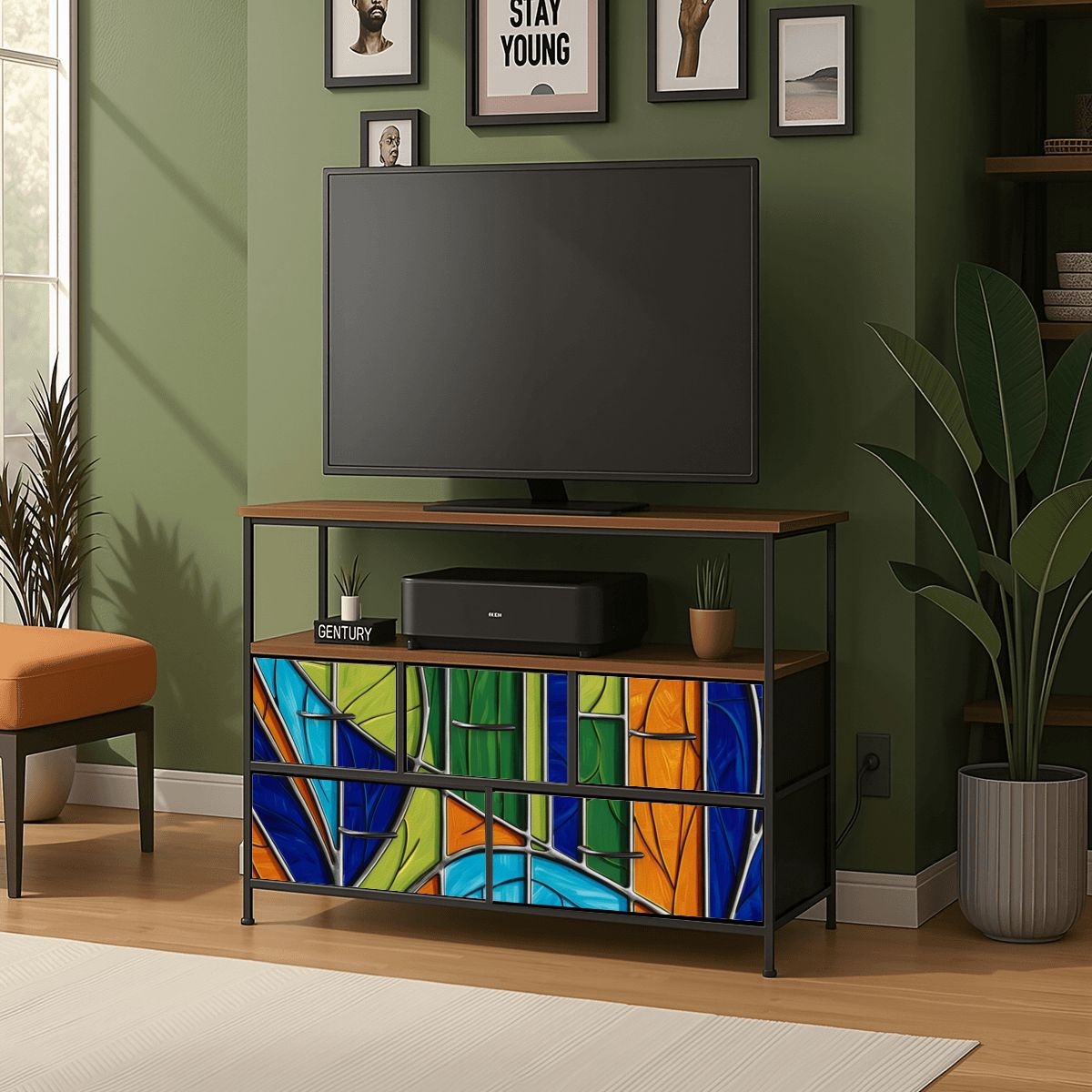 Mid Century Modern Green Blue Orange Purple Faux Stained Glass Designed TV Stand Media Console - Mid Century Modern Gal