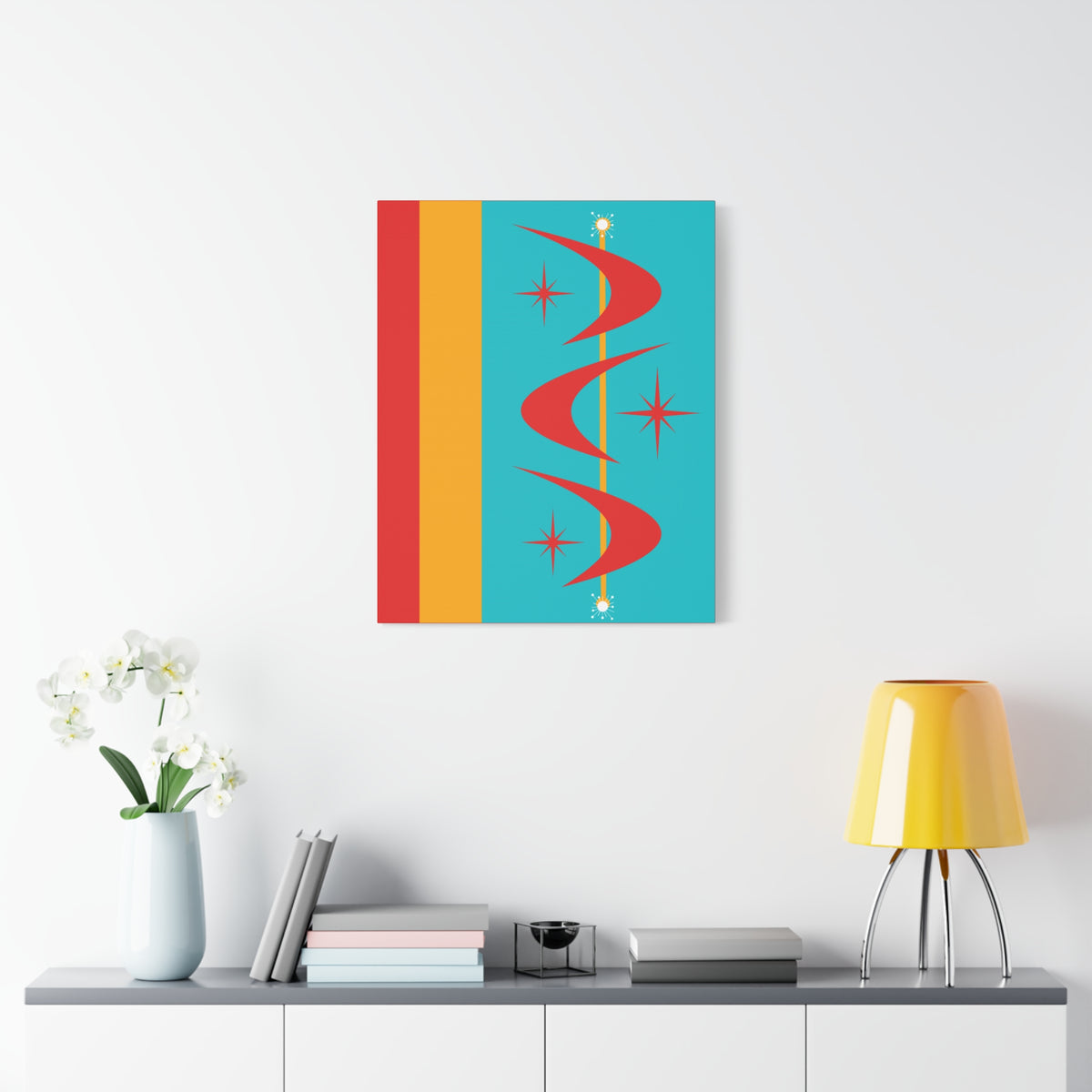 Atomic Boomerang Retro Red, Aqua Blue, Mustard Yellow Mid Century Modern Retro Wall Art - Mid Century Modern Gal