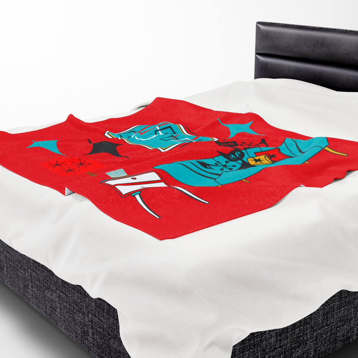 Atomic Cat Art, Cozy Mid Century Modern, Retro Red, Aqua Blue, Teal, Starburst, Black Cat Lover Sherpa Blanket - Mid Century Modern Gal