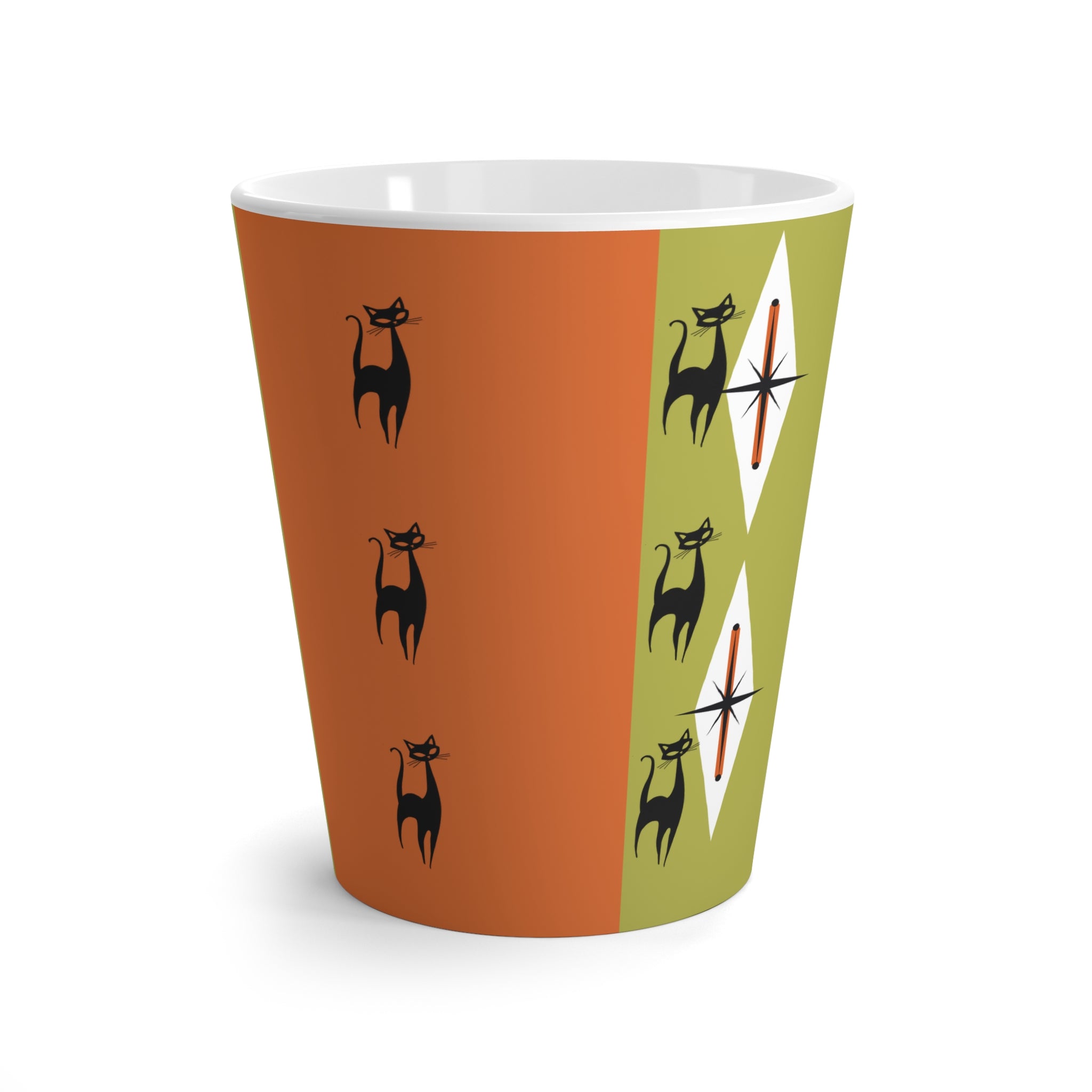 Atomic Kitschy Cats, Orange Green Mid Mod Latte Cup - Mid Century Modern Gal