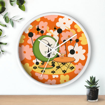 Atomic Cat Mid Century Modern Groovy Retro Floral Cat Wall Clock - Vintage Home Decor - Mid Century Modern Gal