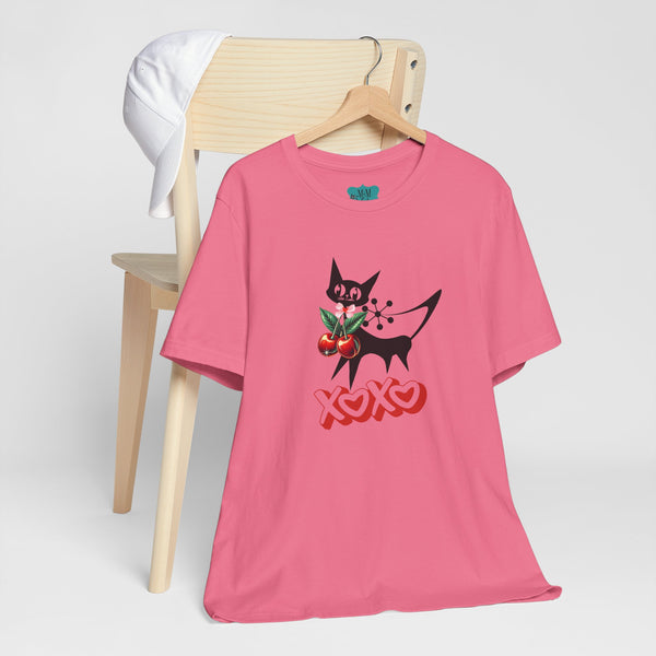 Atomic Cat Valentine Retro Cherries, Playful Cat Graphic Tee, XOXO Love Shirt, Gift for Cat Lovers, Fun Atomic Cherry 50s  Fashion