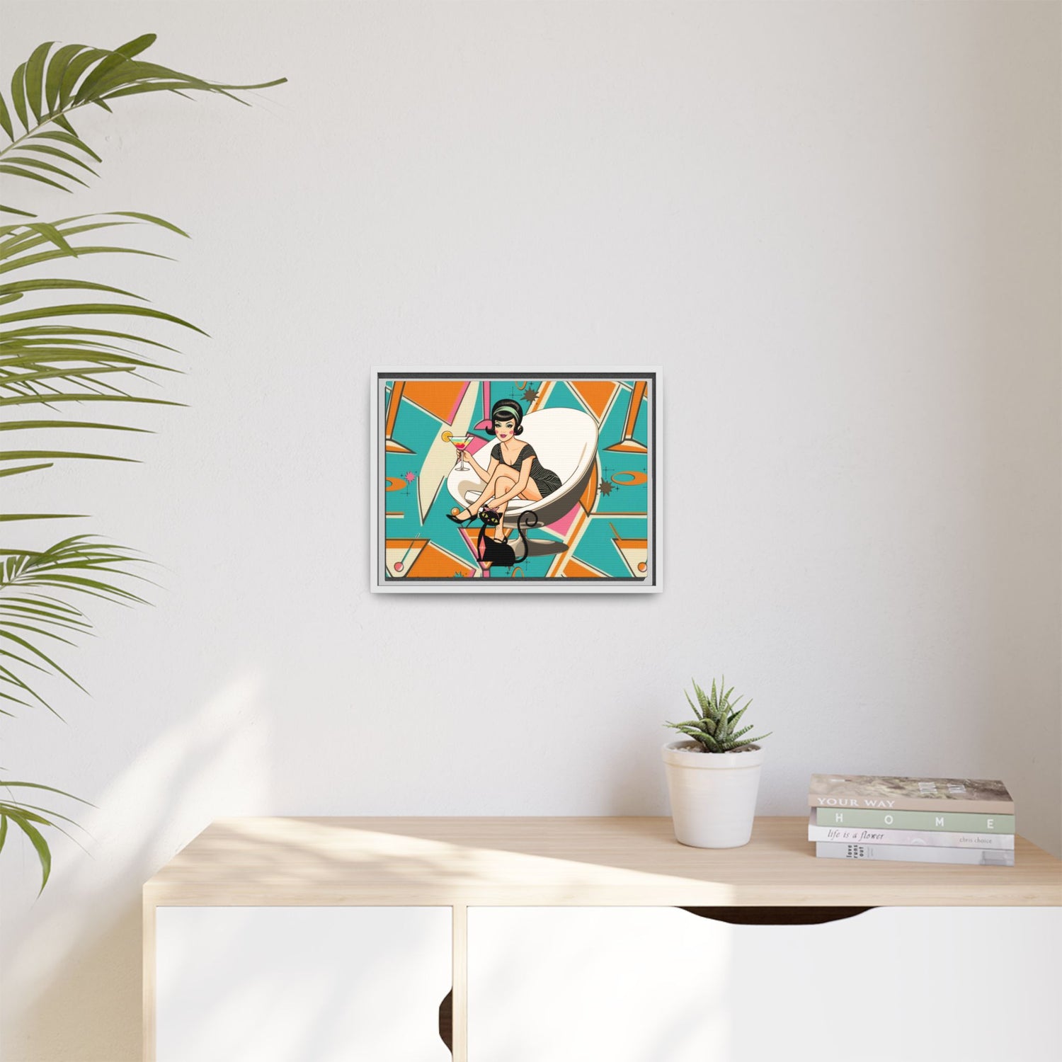 Mid Mod 60s Gal, Atomic Cat Barware Wall Art - Framed Matte Canvas with Vintage Cocktail And Retro Cat Design