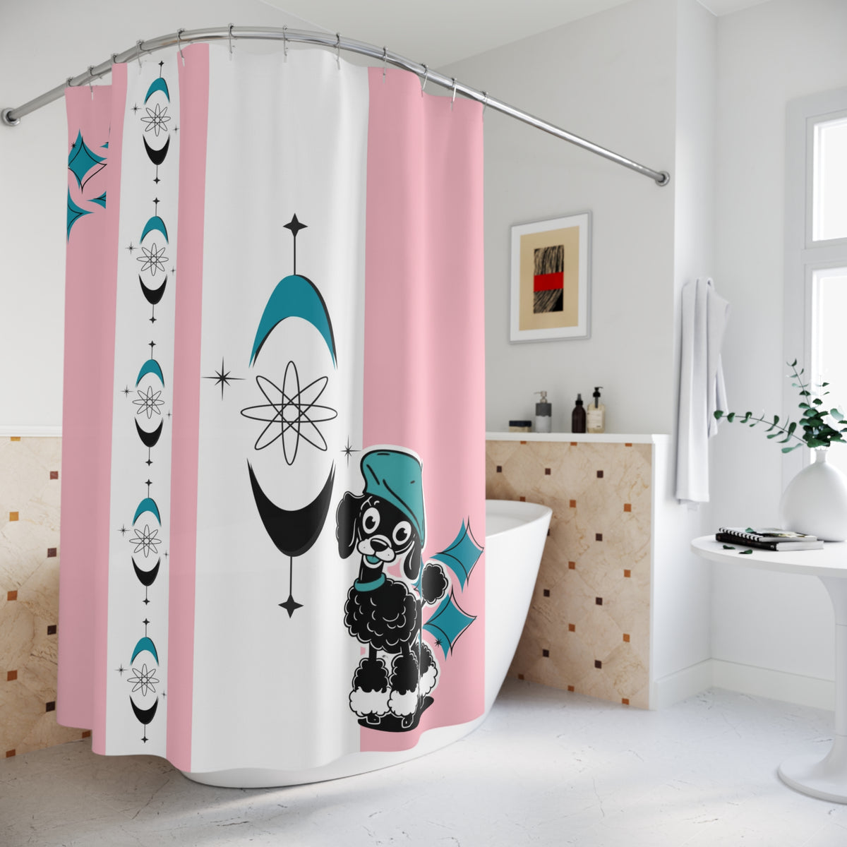 Retro Poodle Pink Mid Mod Shower Curtain - Vintage Style Home Decor - Mid Century Modern Gal