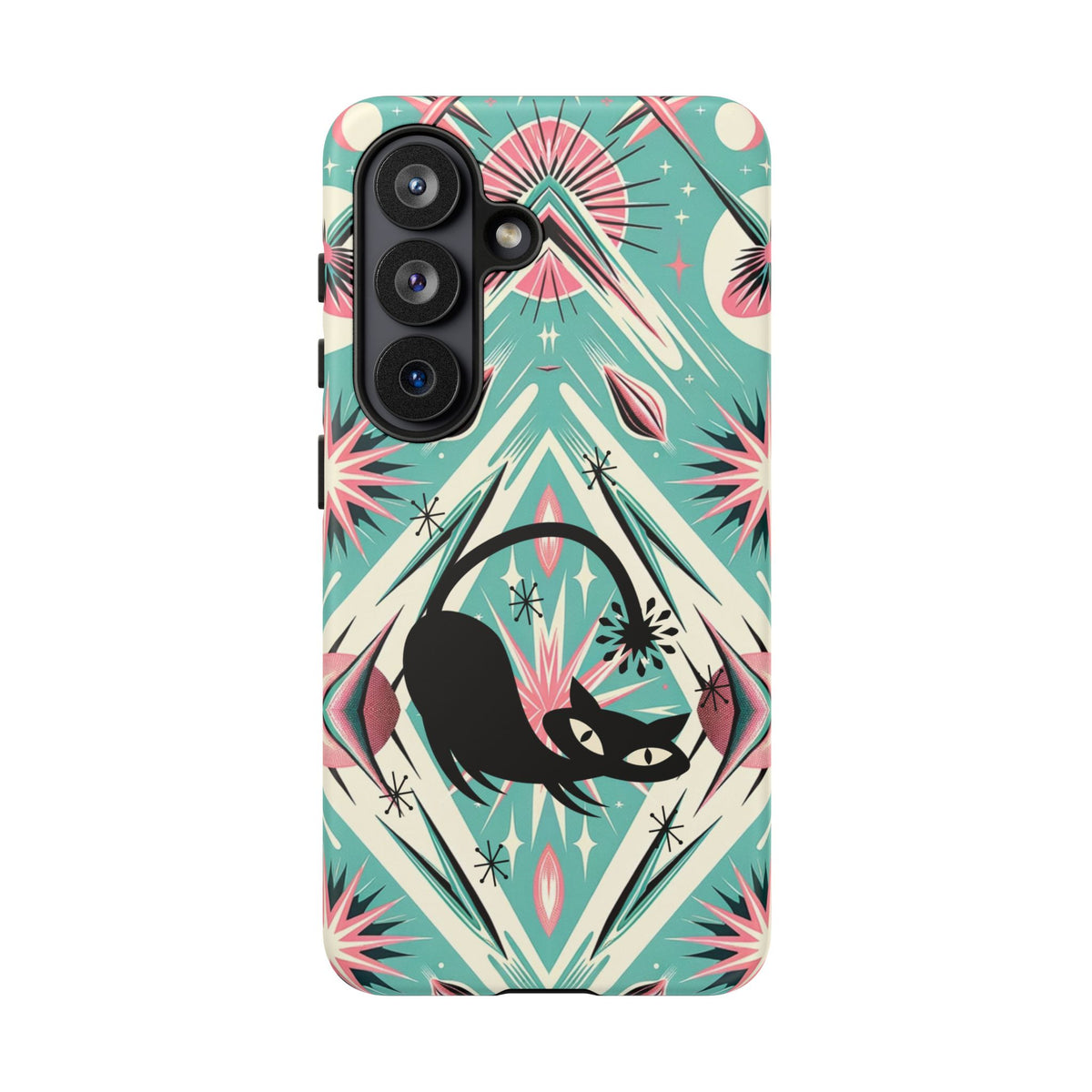 Atomic Cat, Mid Century Modern Aqua Blue, Pink, Starbursts Tough Phone Case