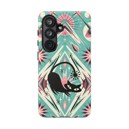 Atomic Cat, Mid Century Modern Aqua Blue, Pink, Starbursts Tough Phone Case