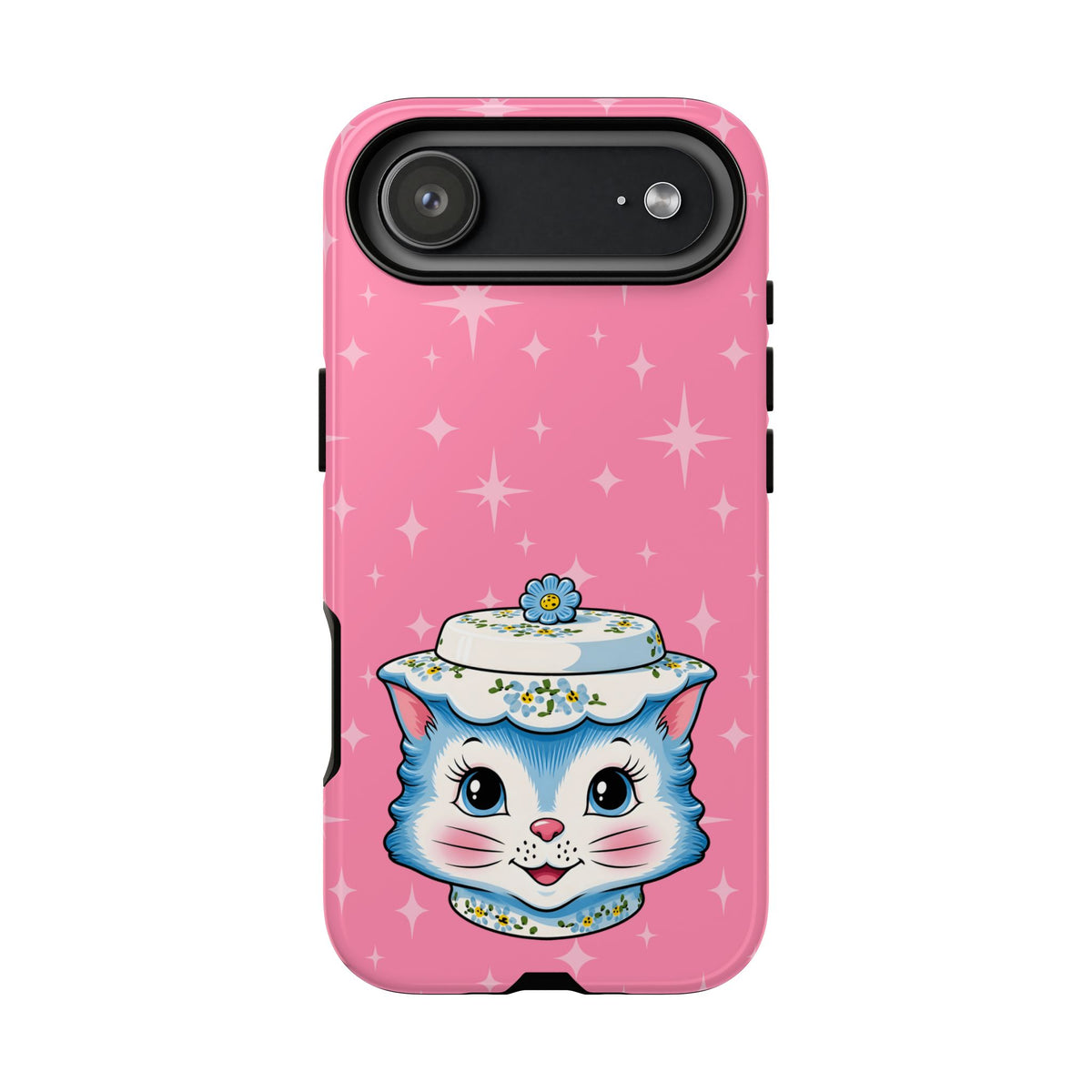Mid Century Modern Kitschy Anthropomorphic Blue Cat with Floral Hat Tough Phone Case