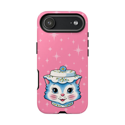 Mid Century Modern Kitschy Anthropomorphic Blue Cat with Floral Hat Tough Phone Case