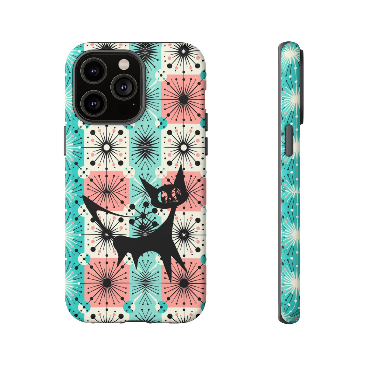 Atomic Kitschy Cat, Mid Century Modern Pink, Aqua Starbursts Tough Phone Case