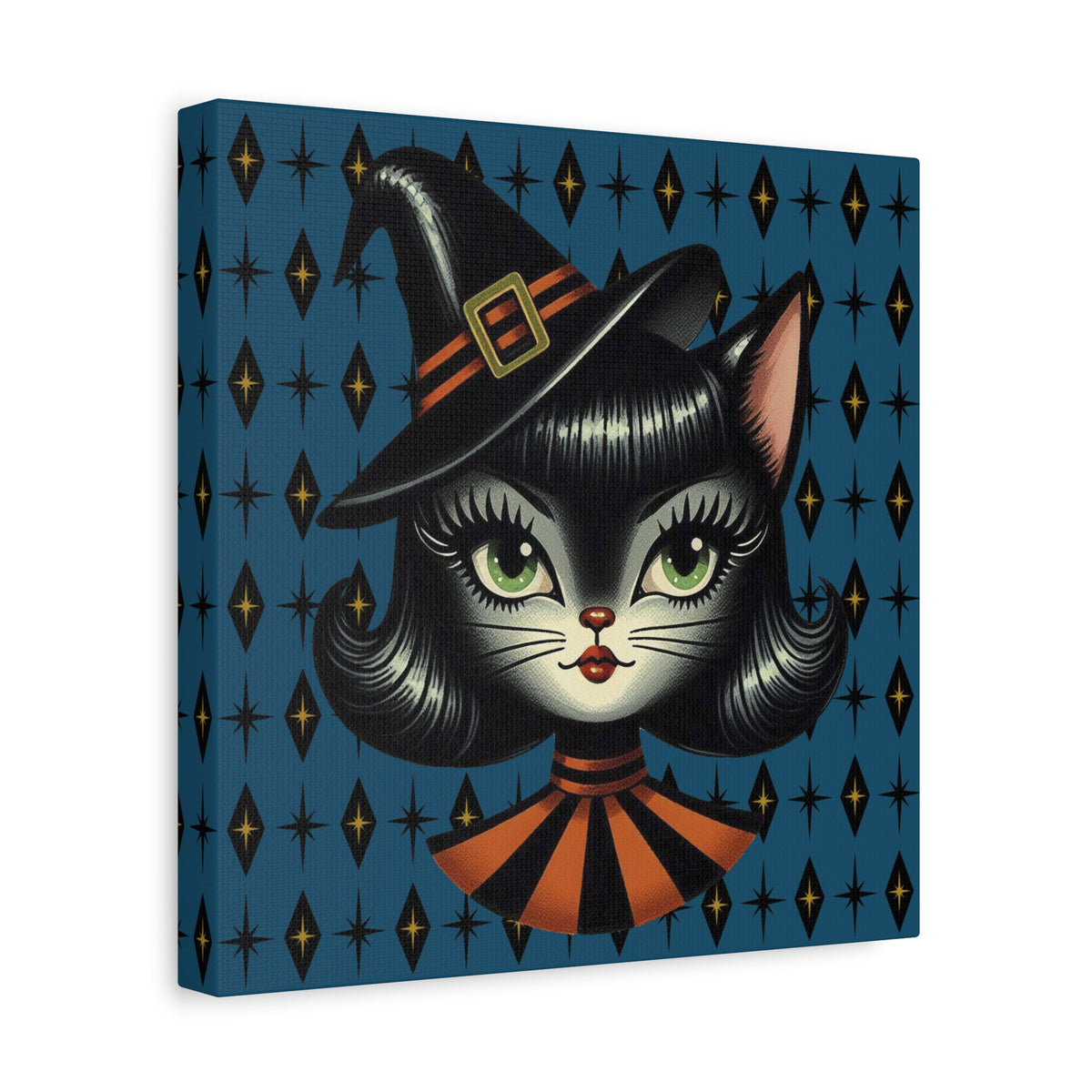 Vintage Halloween Black Cat Sexy Sexton Mid Century Modern Blue Matte Stretched Canvas Wall Art - Mid Century Modern Gal
