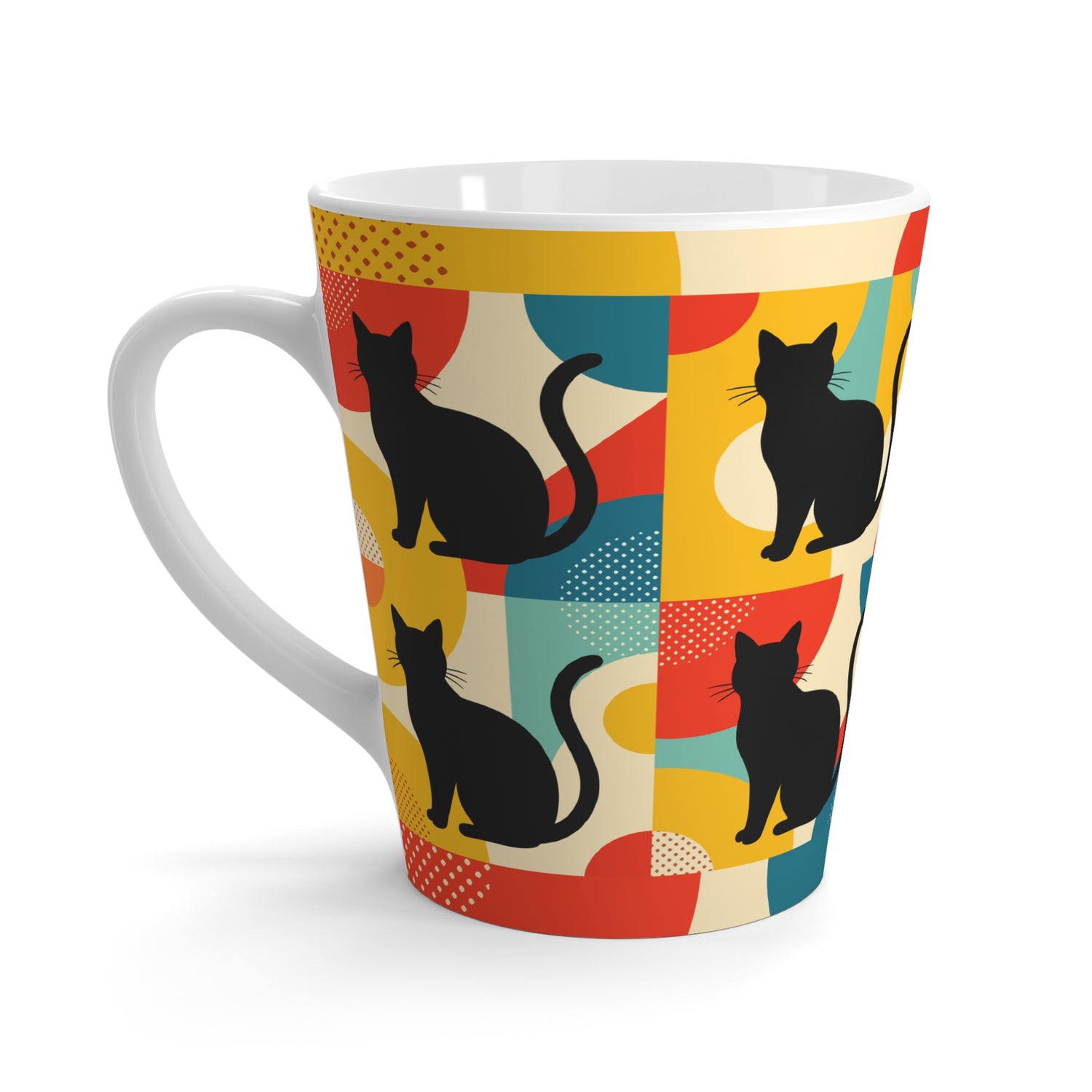 Pop Art Black Atomic Cat, Red Blue Yellow, Latte Mug - Mid Century Modern Gal