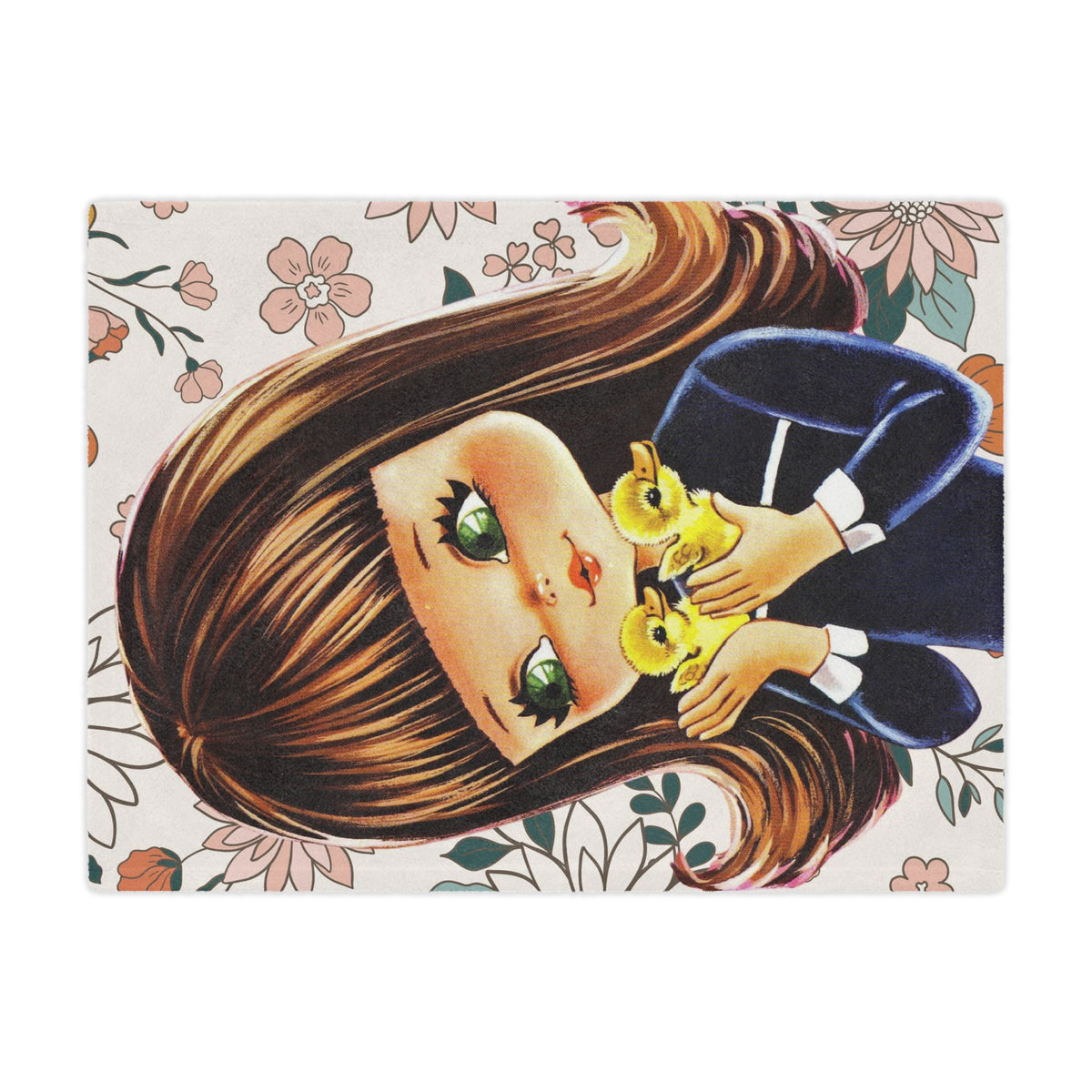 70's Groovy Style, Big Eyed Girl,  Brown Hair, Flower Power, Baby Ducklings, Retro 1970's Home Decor Minky Blanket - Mid Century Modern Gal