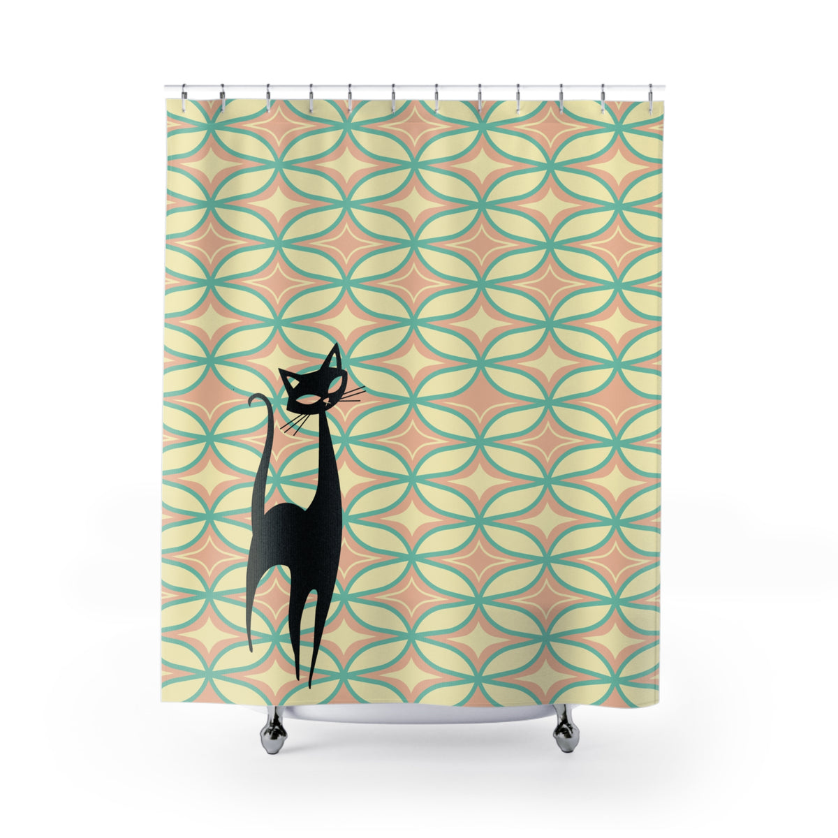 Atomic Whimsical Cat Mid Century Modern Pattern Shower Curtain - Fun and Stylish Bathroom Decor - Mid Century Modern Gal