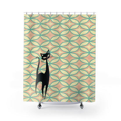 Atomic Whimsical Cat Mid Century Modern Pattern Shower Curtain - Fun and Stylish Bathroom Decor - Mid Century Modern Gal