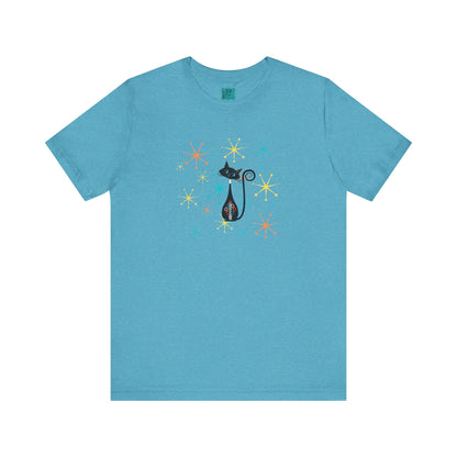Atomic Cat Mid Century Modern Starburst Whimsical Cat Short Sleeve Tee - Colorful Star Design - Mid Century Modern Gal