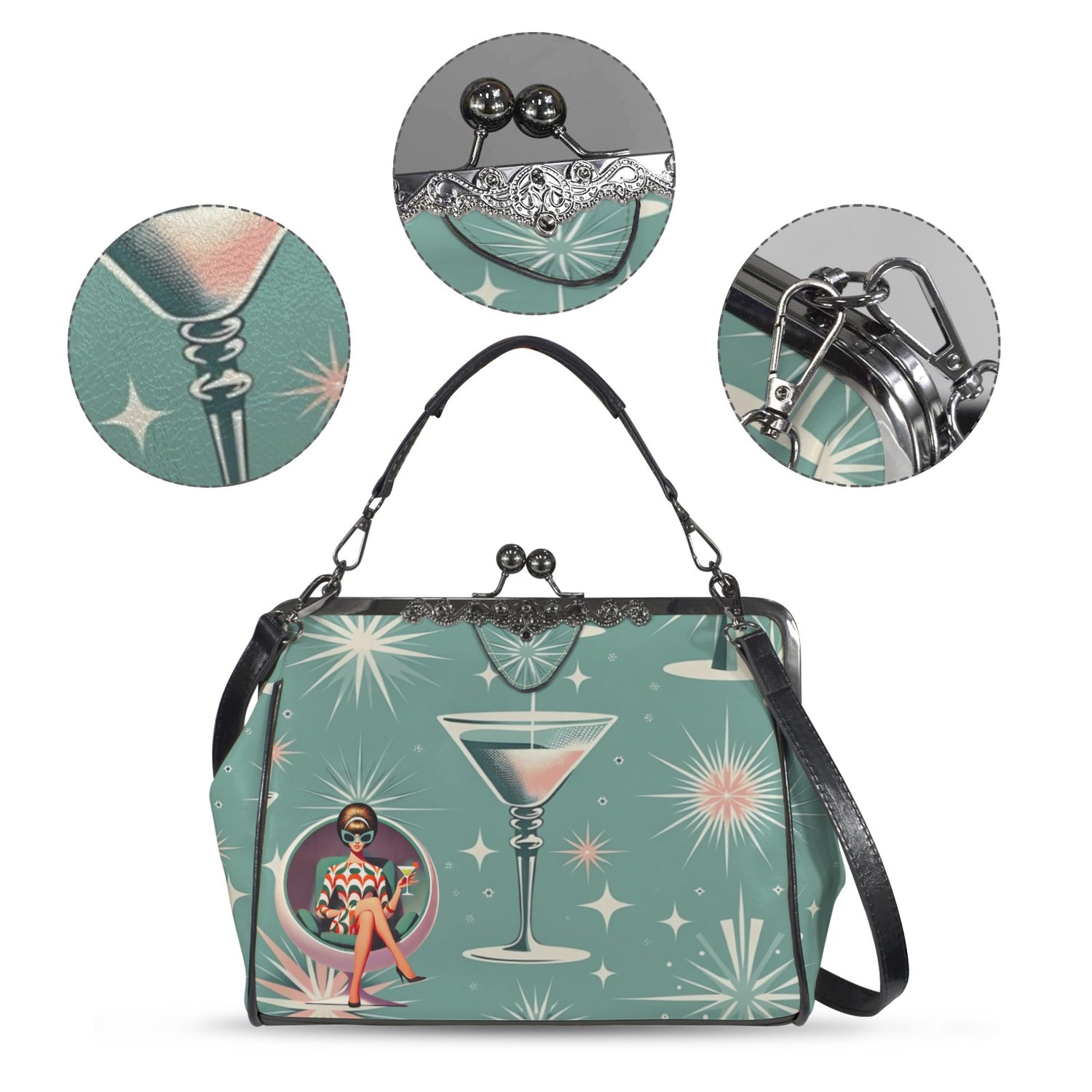 Mid Century Modern Gal, Mod 50s Atomic Martini Retro Kitschy Kisslock Crossbody Purse - Mid Century Modern Gal