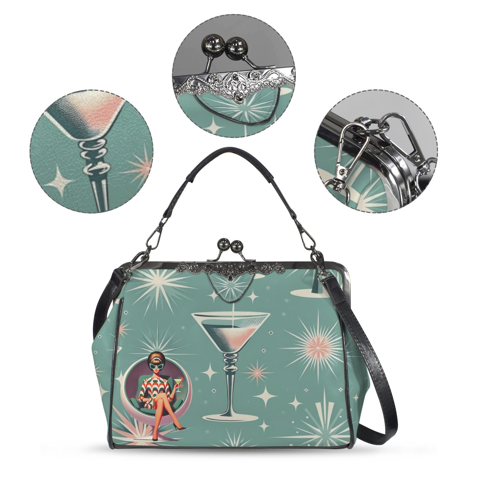 Mid Century Modern Gal, Mod 50s Atomic Martini Retro Kitschy Kisslock Crossbody Purse - Mid Century Modern Gal