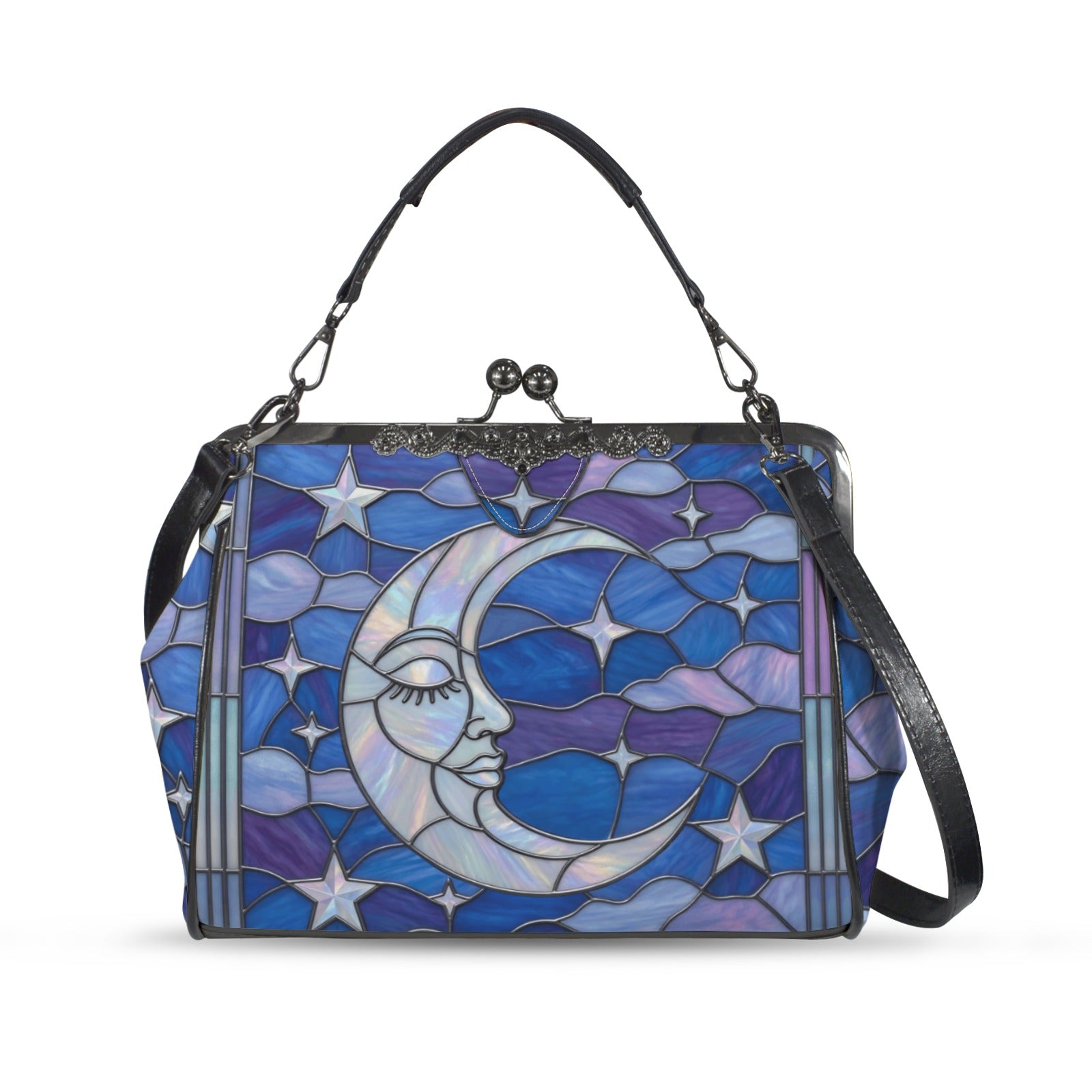 Halloween Stained Glass Style Night Sky Moon Stars Clouds Kisslock Crossbody Purse - Mid Century Modern Gal