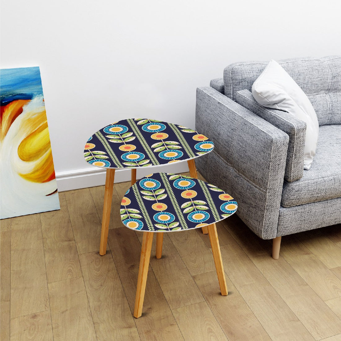 Modern Scandinavian Flower Blue, Orange Yellow Green Mid Century Modern Nesting Tables - Mid Century Modern Gal