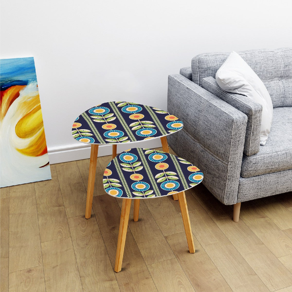 Modern Scandinavian Flower Blue, Orange Yellow Green Mid Century Modern Nesting Tables - Mid Century Modern Gal