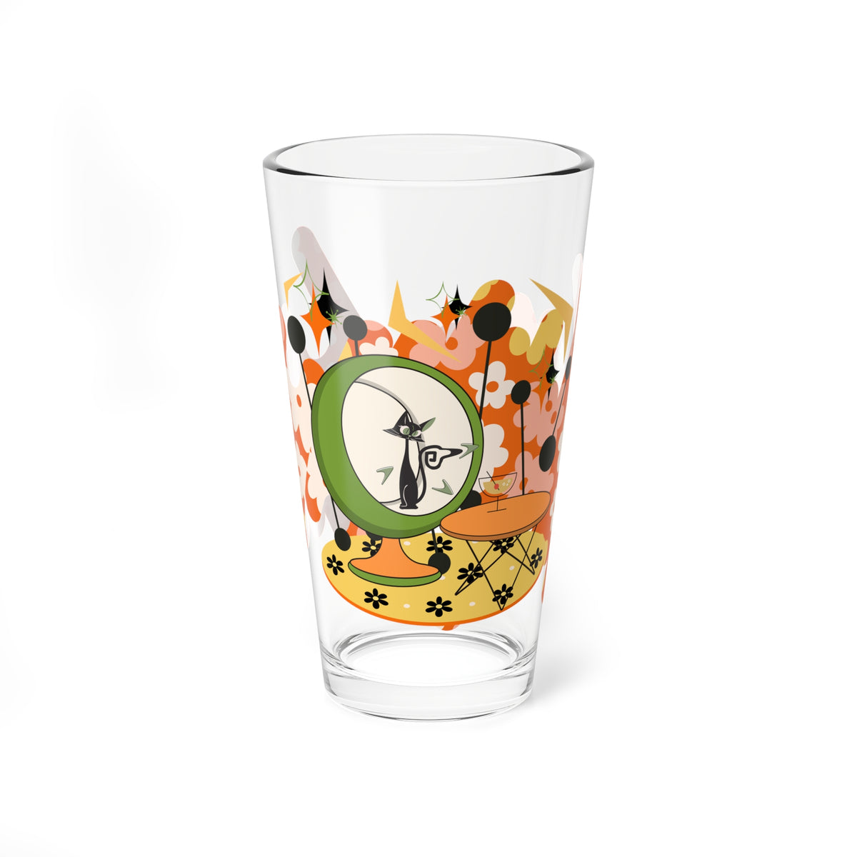 Mid Century Modern Barware, 70s Flower Power Atomic Cat Retro Glass - 16oz Floral Design for Cocktails & Beverages - Mid Century Modern Gal