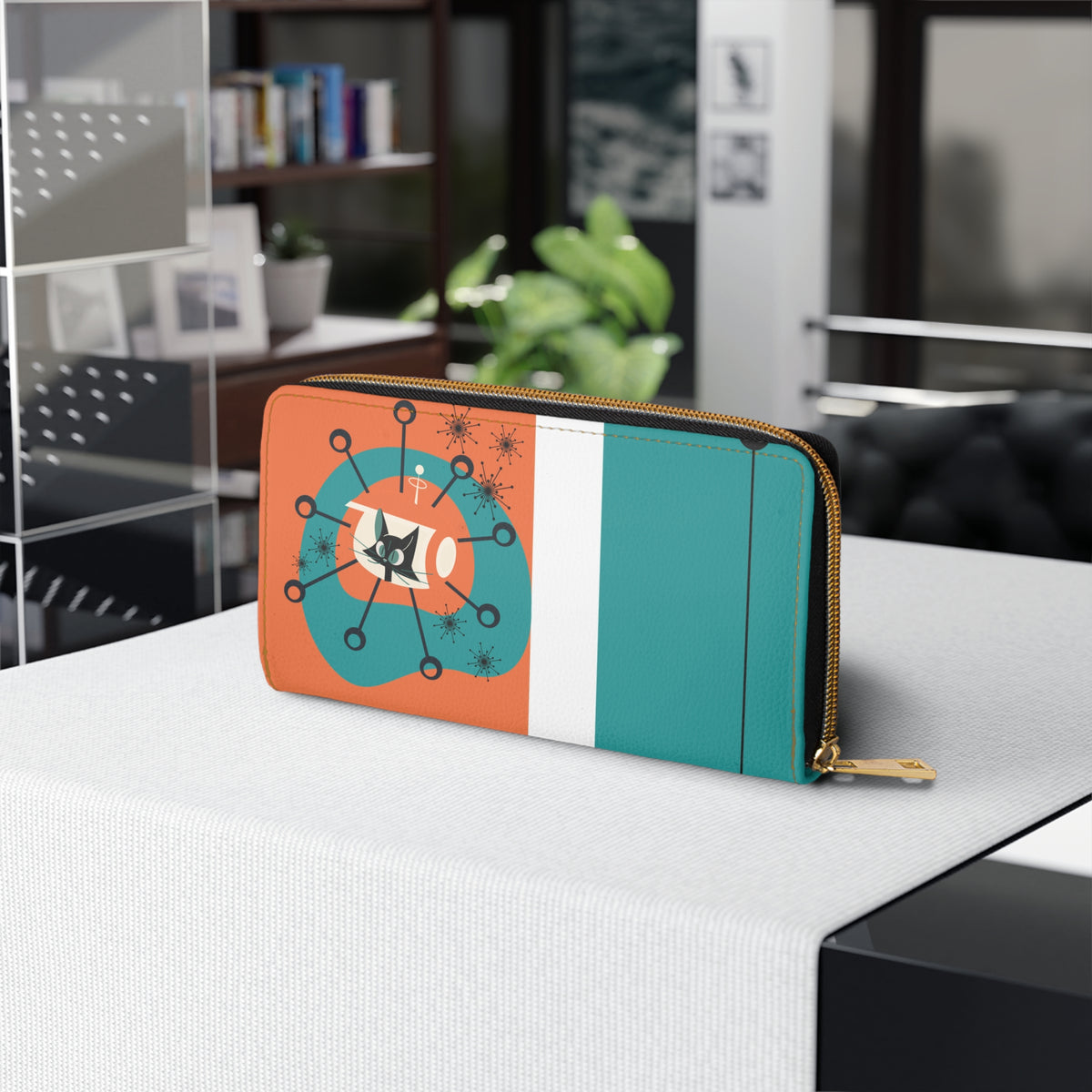 Atomic Cat Orange, Teal Space Age Kitschy Fun Zipper Wallet - Mid Century Modern Gal