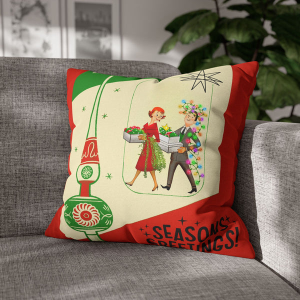 Shiny Brite Holiday Pillow Cover, Mid Century Modern Kitschy Couple Season Greetings