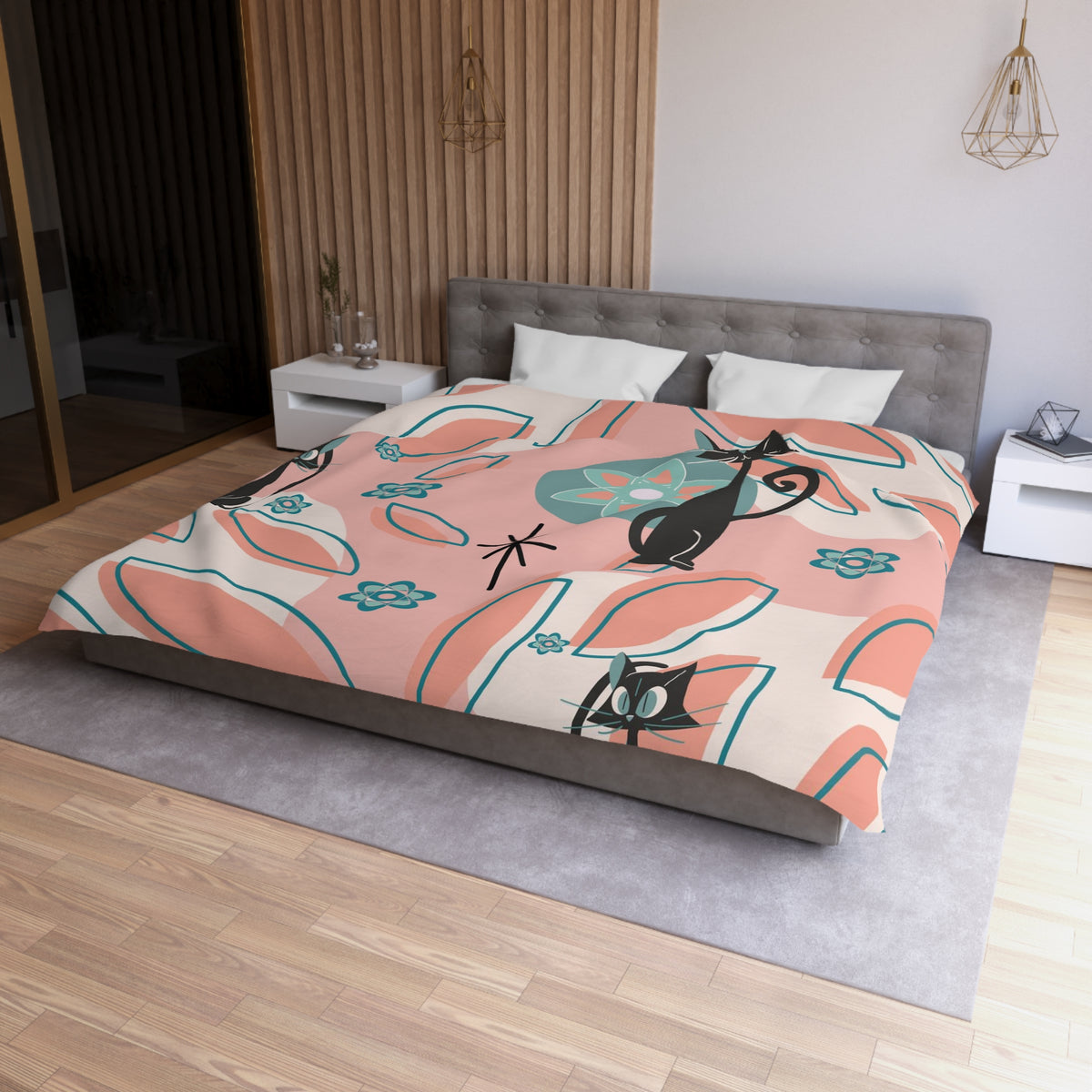 Atomic Cat Mid Century Modern Bedding, Coral Peach, Kitschy Abstract, Atomic Space, MCM Kitschy 50s Duvet Cover - Mid Century Modern Gal