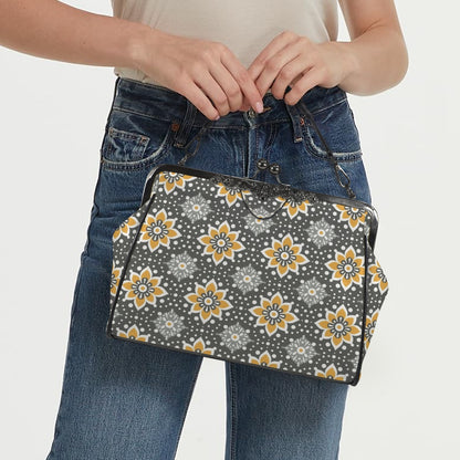 Floral Bohemian Retro Gray Yellow Modern Kisslock Crossbody Purse - Mid Century Modern Gal