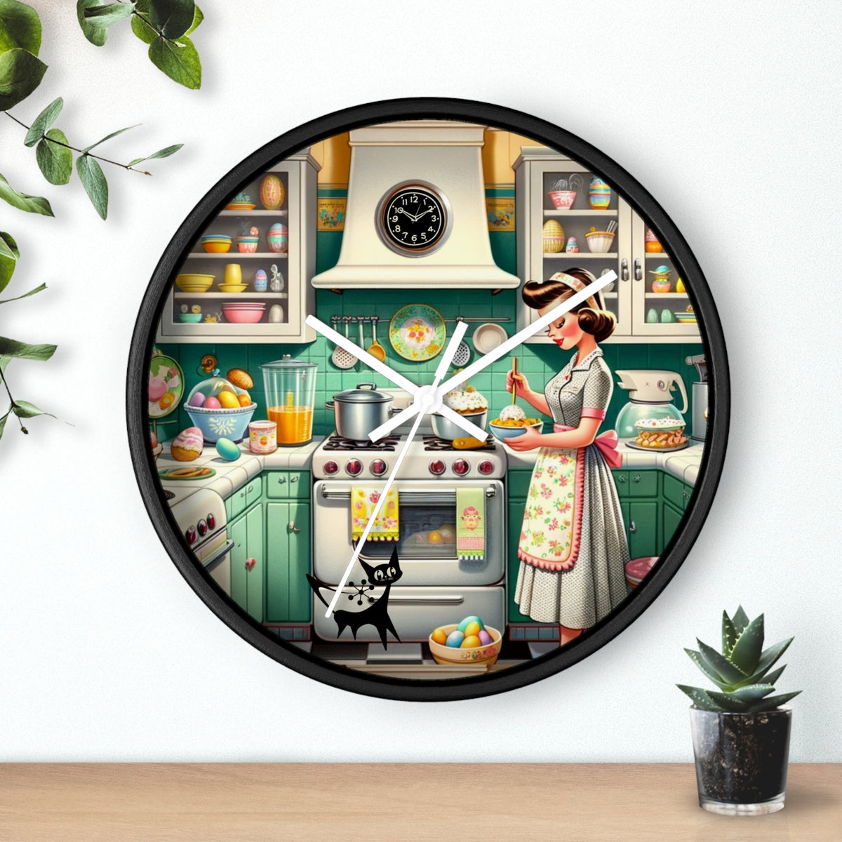 Vintage Kitschy Designed Mid Mod Gal Atomic Cat, Spring  Wall Clock with Retro Cooking Design - Mid Century Modern Gal