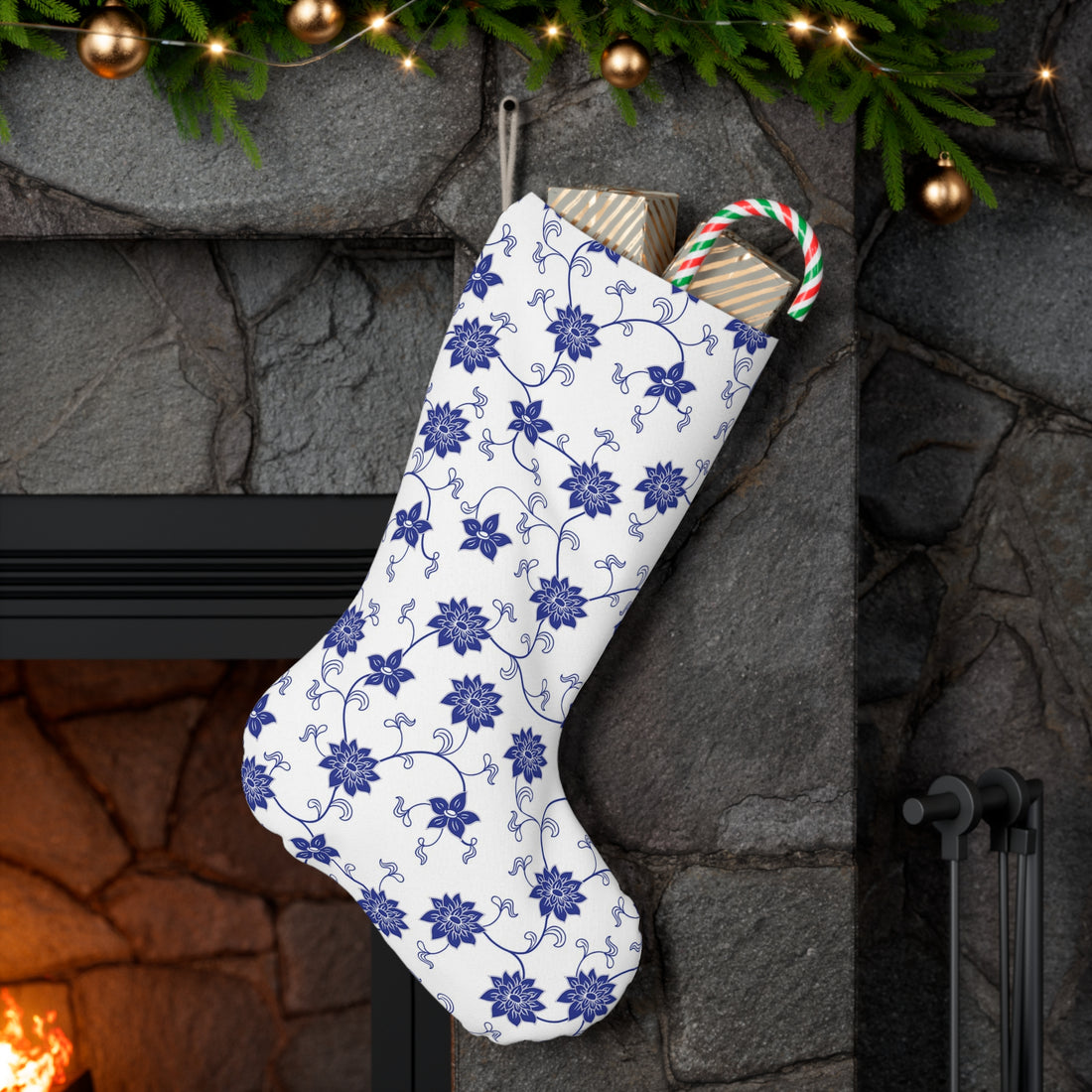 Chinoiserie Christmas Stocking, Blue, White Willow, Scrolling Floral, Whimsical, Mod Chinoiserie Holiday Collections