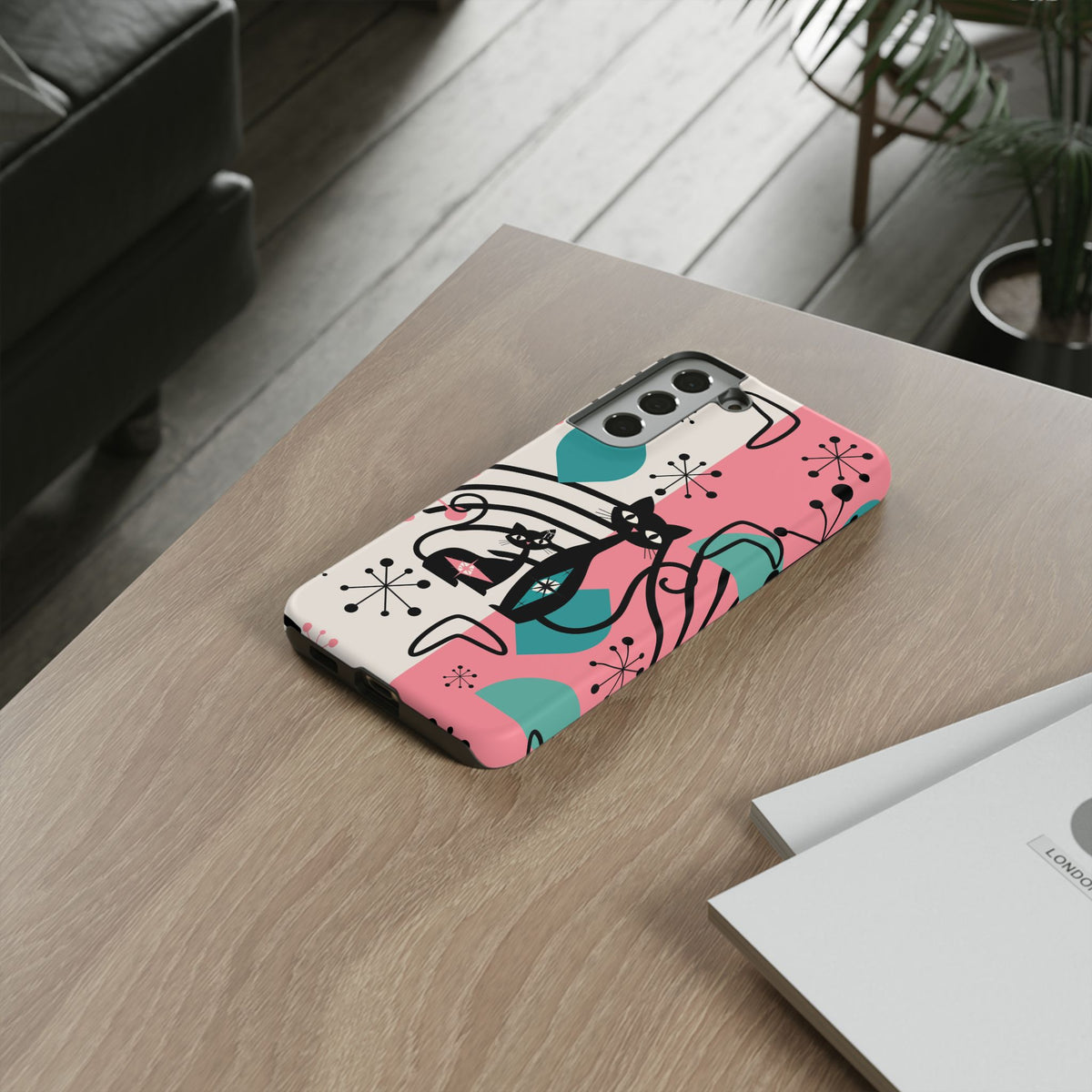 Mid Mod Atomic Cat Boomerang Starburst, Pink, Black Kitschy Stylish Cat Phone Case: Modern Design for Cat Lovers