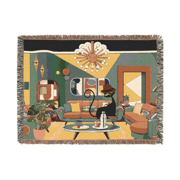 Atomic Cat Mid Century Modern Cozy Woven Blanket - Retro Living Room Design