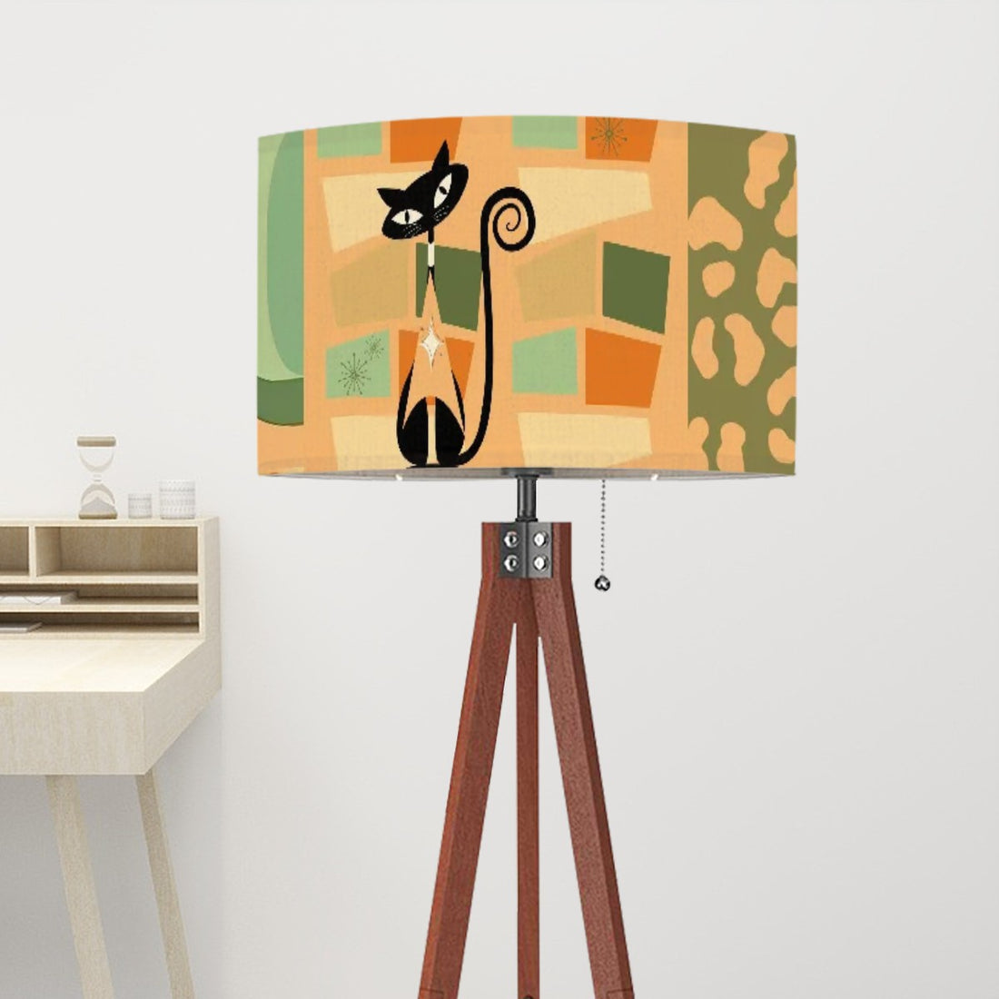 Atomic Cat Mid Century Modern Tripod Floor Lamp, Light Coral Orange, Green Mod Home Lighting