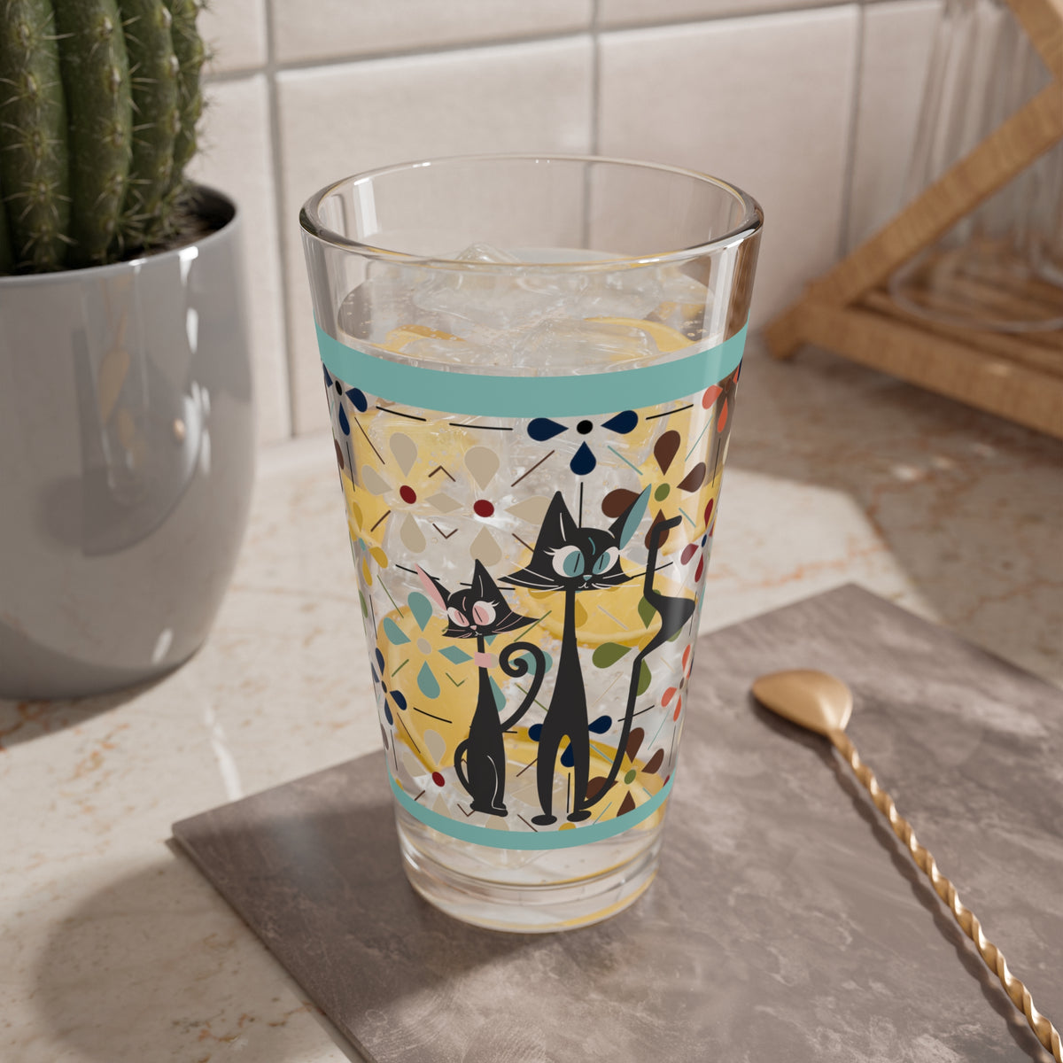 Mid Century Modern Barware, Atomic Cat Drinking Glass, Cool Cat Couples Gifts, Gift For Mom, Housewarming Gifts - Mid Century Modern Gal