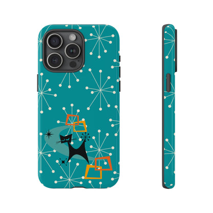 Atomic Space Cat, Starburst Blue, Retro Groovy Smart Phone Tough Phone Cases