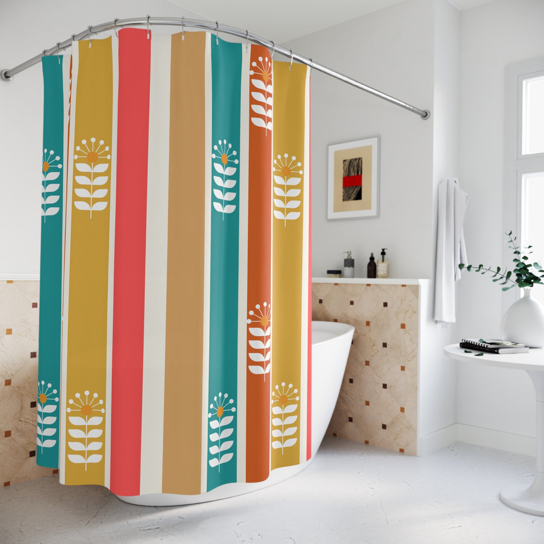 Retro Floral Scandinavian Mid Mod Boho Floral Shower Curtain - Colorful Striped Design for Vibrant Bathrooms - Mid Century Modern Gal