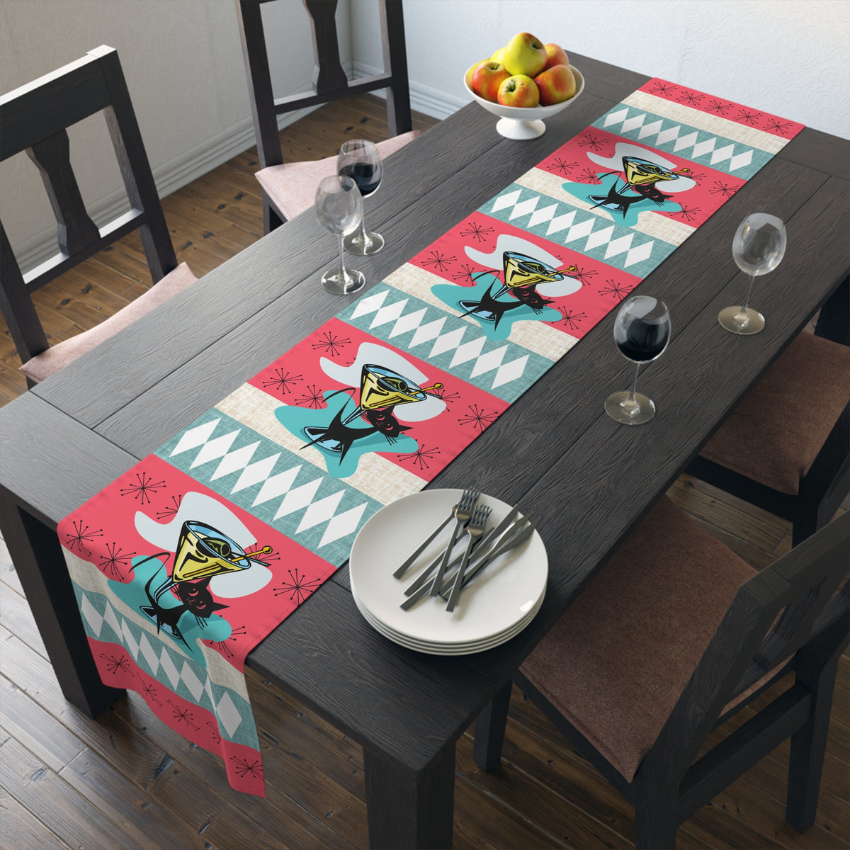 Atomic Martini Cat, Mid Mod Coral, Aqua, Starbursts Mid Century Modern Barware Table Runner - Mid Century Modern Gal
