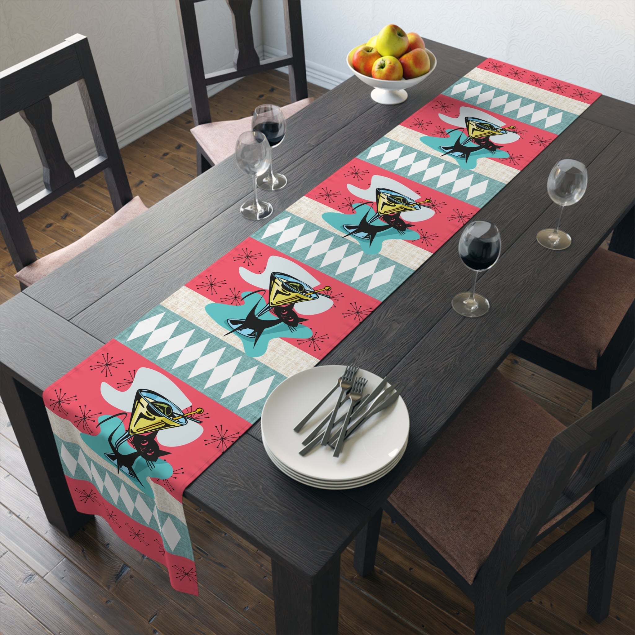 Atomic Martini Cat, Mid Mod Coral, Aqua, Starbursts Mid Century Modern Barware Table Runner - Mid Century Modern Gal
