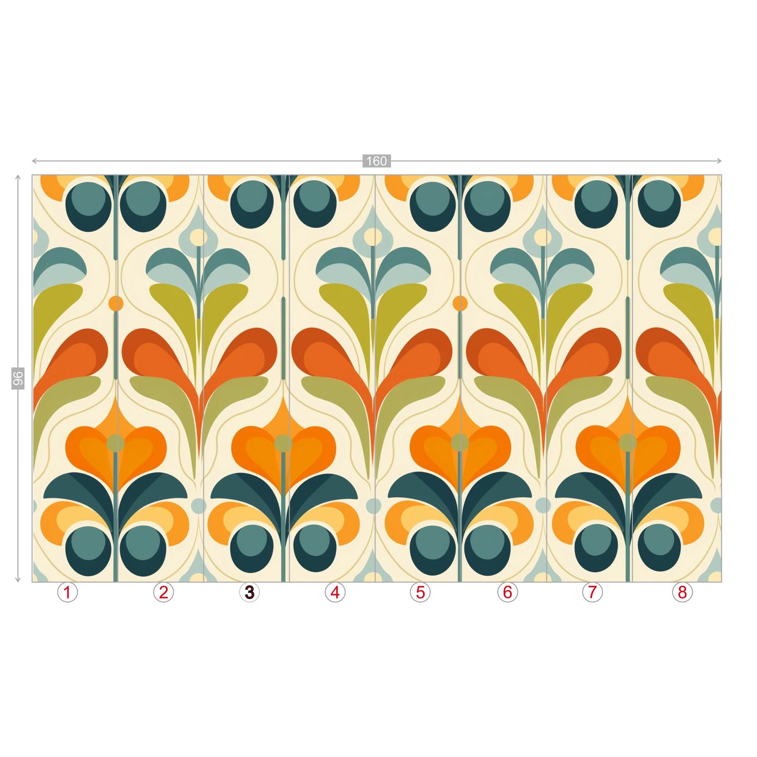 Scandinavian Floral Orange Blue, Green, Mid Mod Peel And Stick Wall Murals - Mid Century Modern Gal