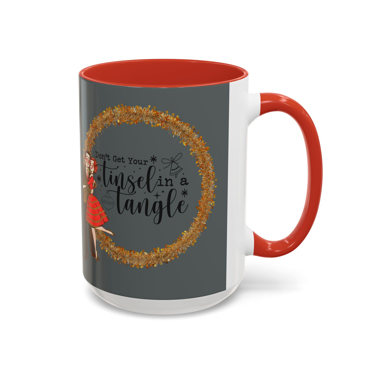 Vintage 50s kitschy Christmas mug featuring a playful design with the phrase "Don't Get Your Tinsel In A Tangle" and festive graphics.