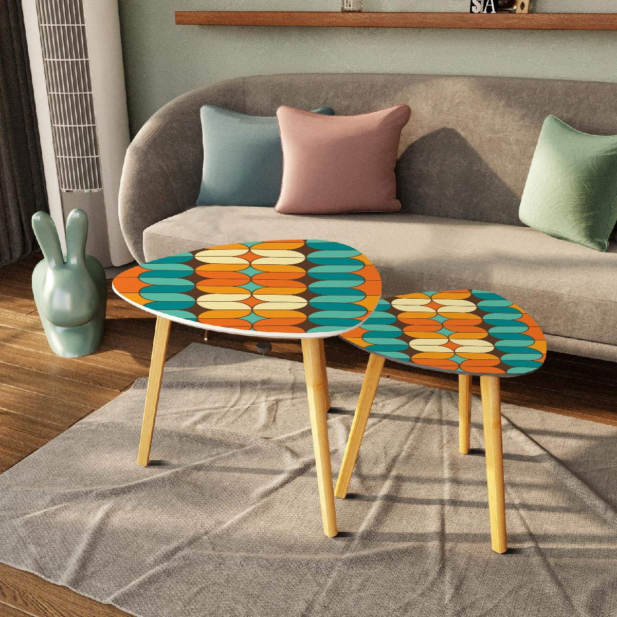 Mid Century Modern Nesting Tables, Orange Mod, Teal Geometric Designed Coffee Tables