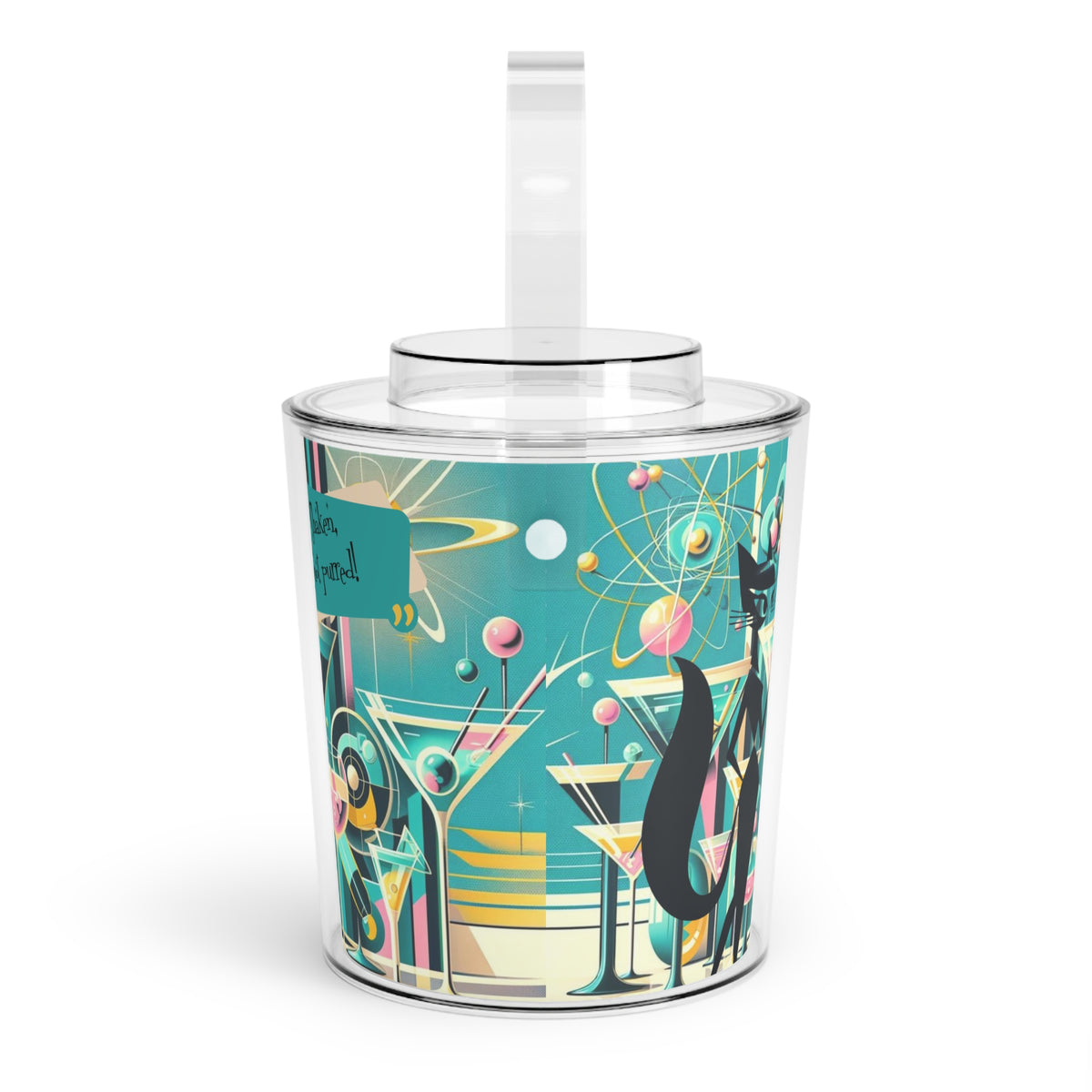 Atomic Sexy Black Cat, Shaken Not Purred, Mid Century Modern Atomic 50s Cocktail Barware MCM Ice Bucket with Tongs - Mid Century Modern Gal