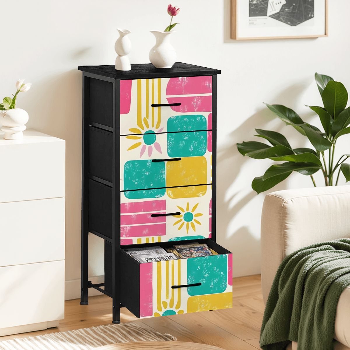 Mid Century Modern Palm Springs Modernism Teal Pink Yellow 4-Drawer Dresser - Mid Century Modern Gal