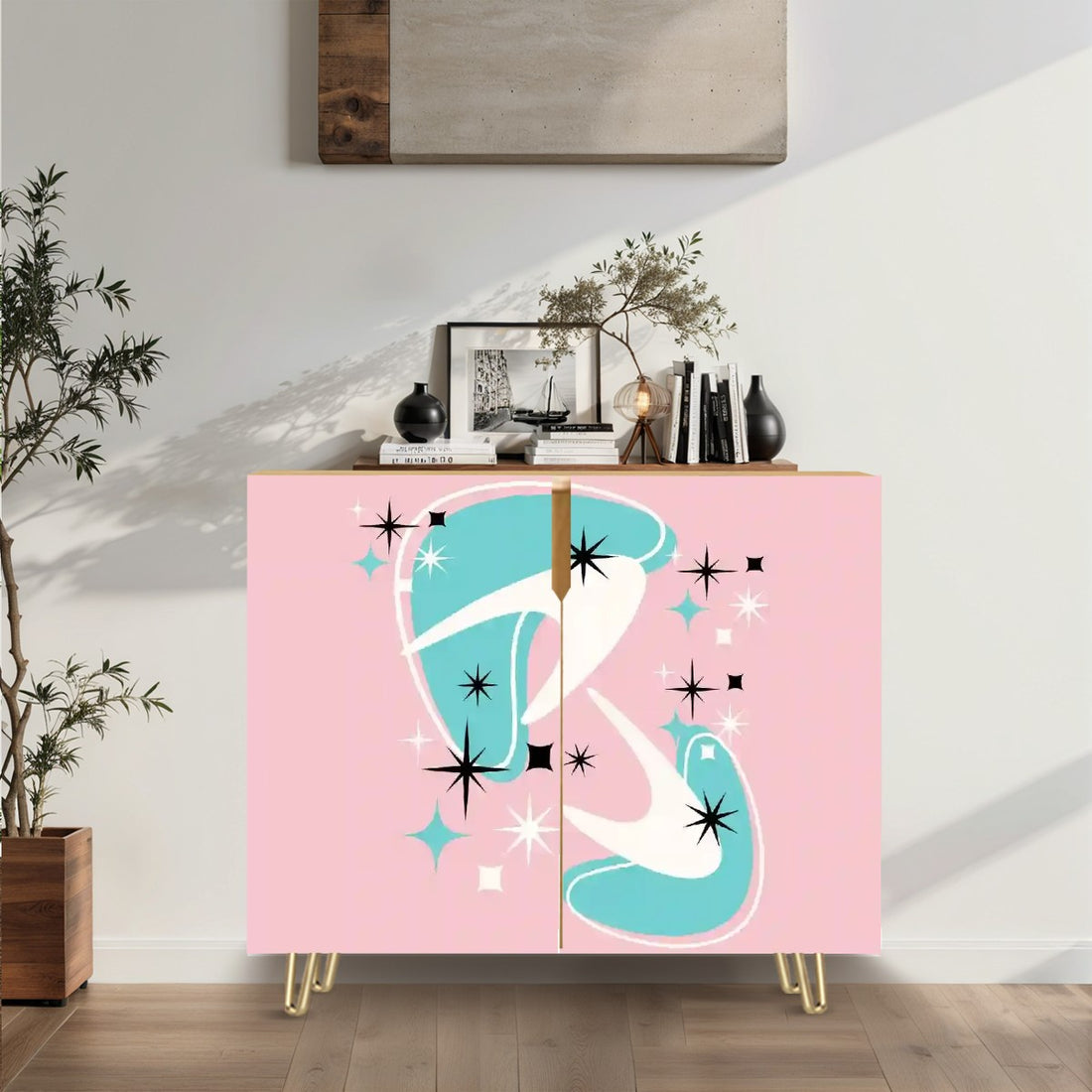 Mid Century Modern Credenza, Atomic 50s Pink, Aqua Boomerang Starbursts Designed - Mid Century Modern Gal